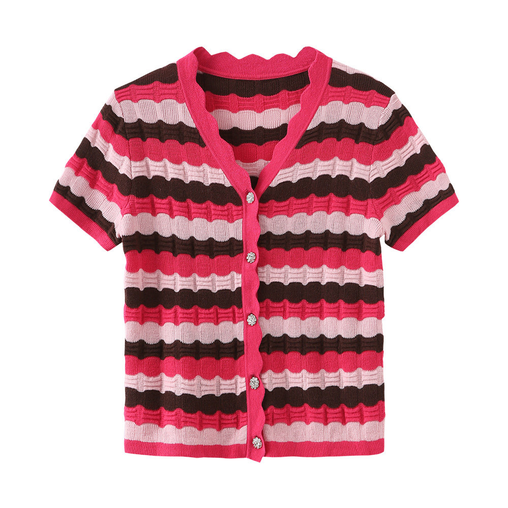Short Sleeve Striped Knit Cardigan-2