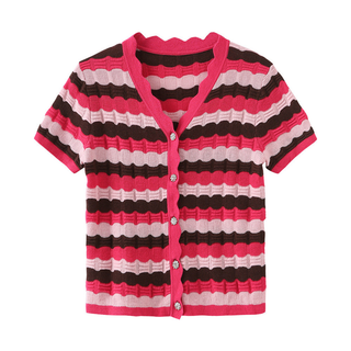 Short Sleeve Striped Knit Cardigan