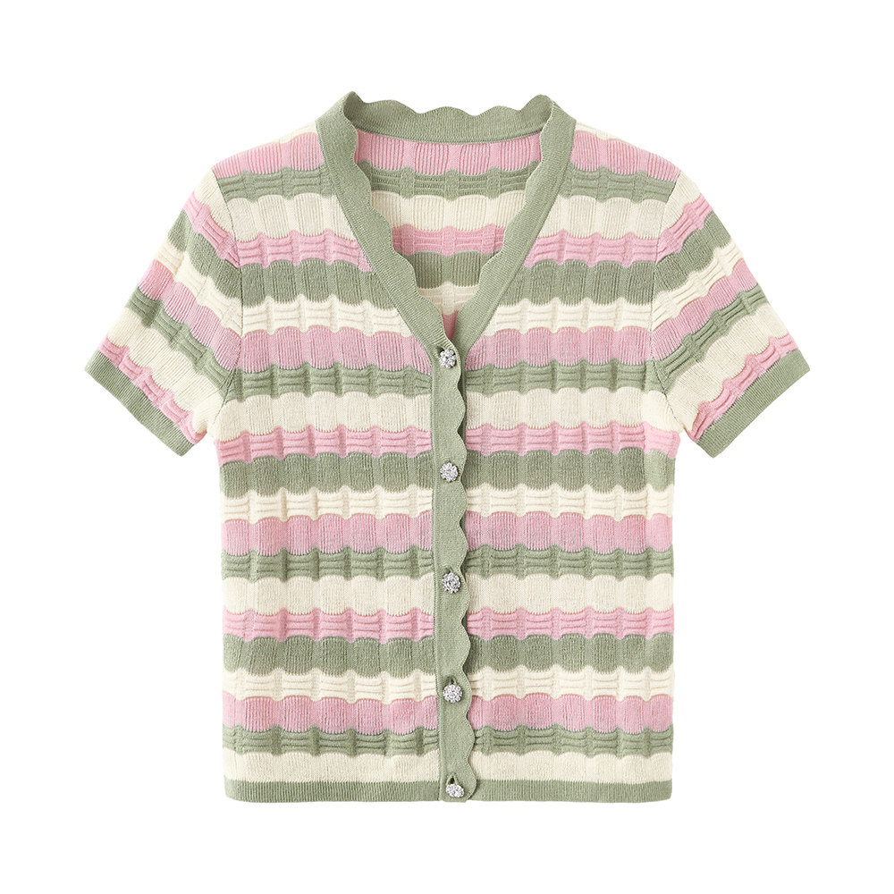 Short Sleeve Striped Knit Cardigan