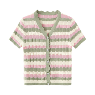 Short Sleeve Striped Knit Cardigan