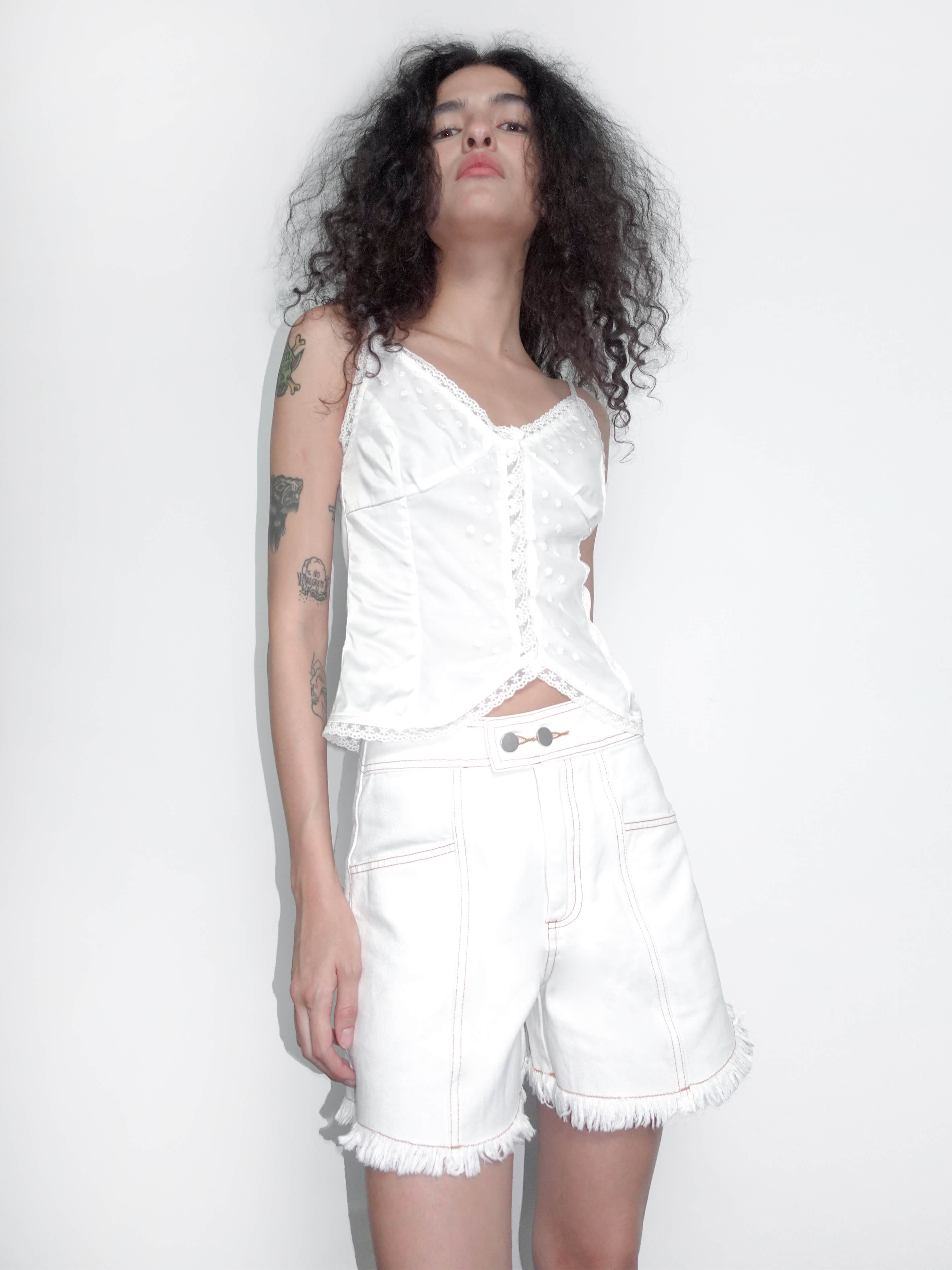 High Rise Denim Shorts with Raw Edge-11