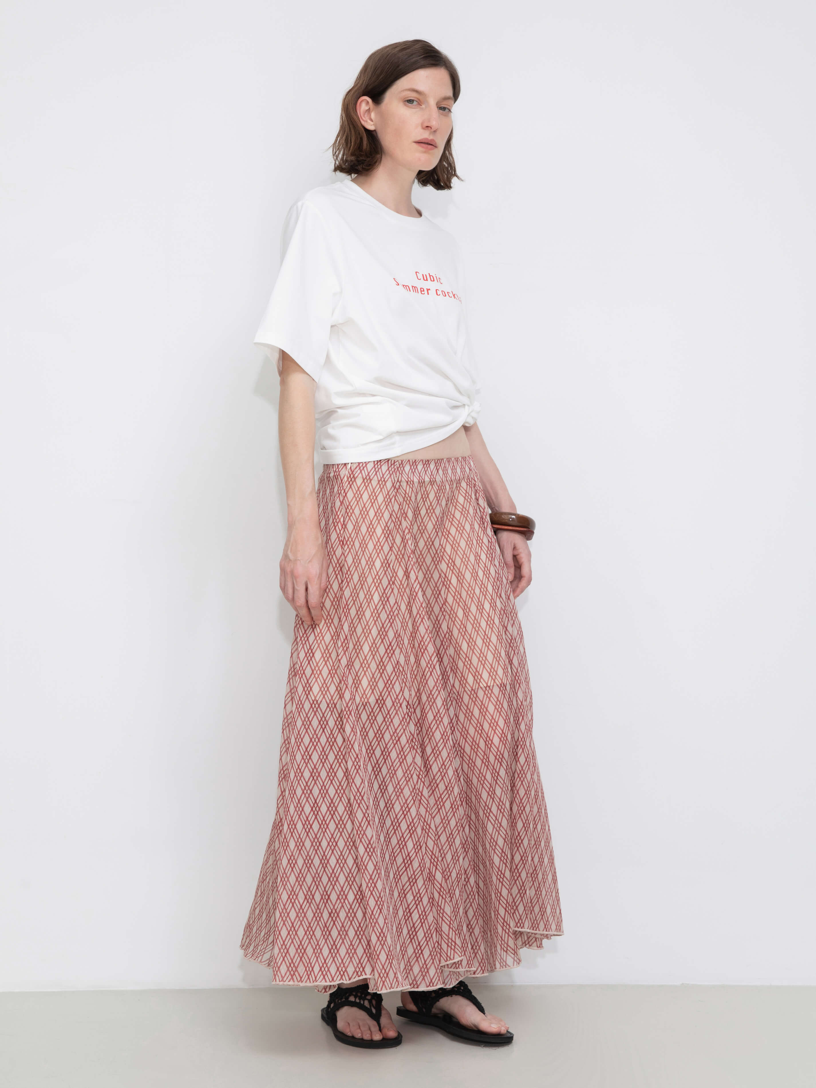Asymmetrical Flowy Check Maxi Skirt-Red-4