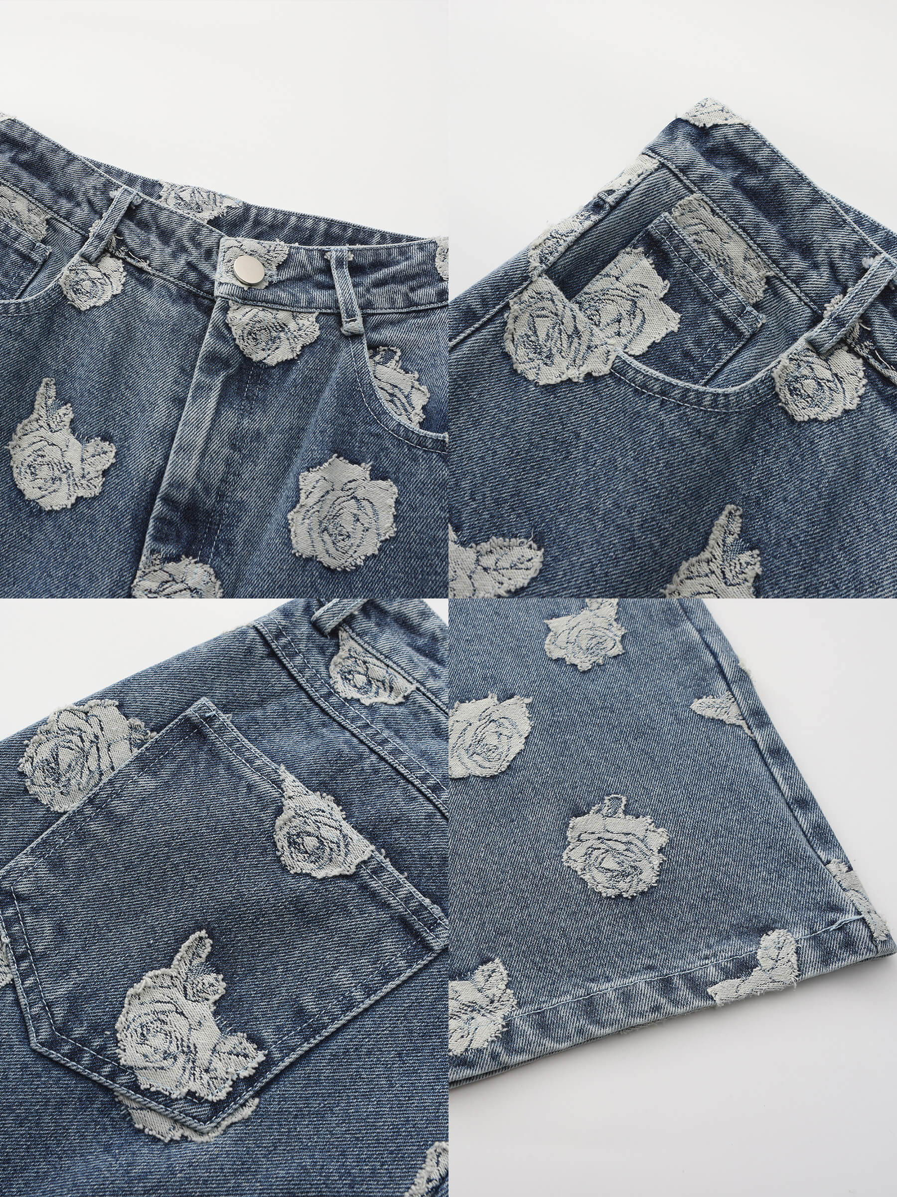 Retro Rose Print Washed Straight Leg Jeans-10