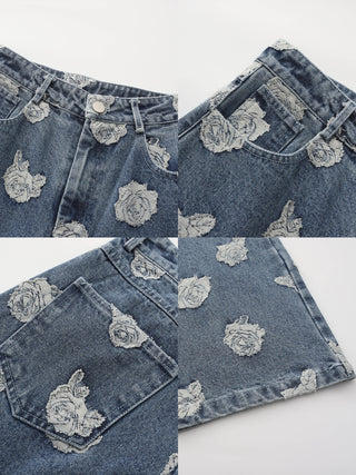 Retro Rose Print Washed Straight Leg Jeans