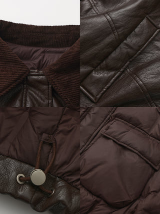 Corduroy Collar Convertible Leather Down Jacket