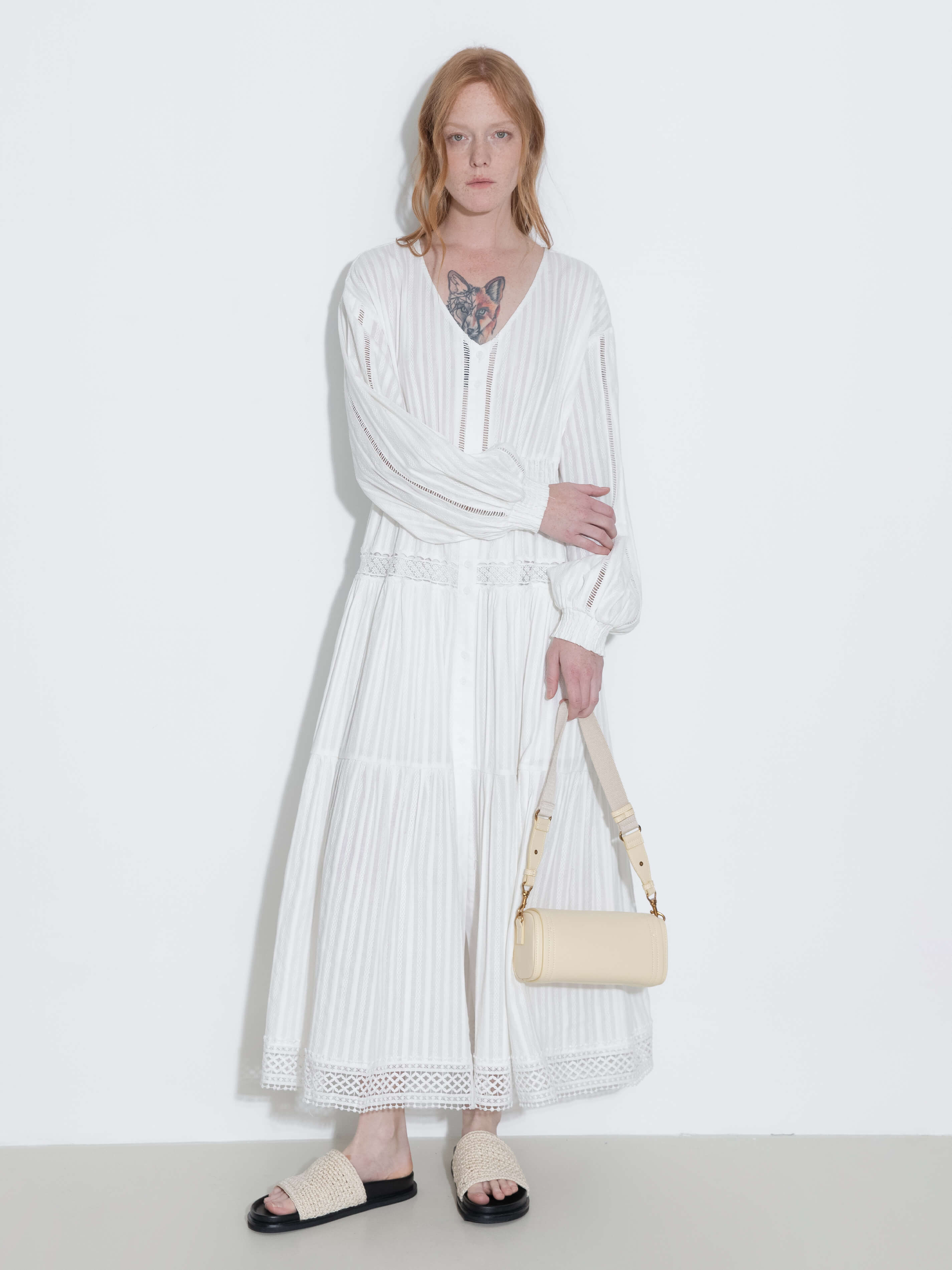 100% Cotton Lace Hollow V-Neck Waist-Cinched Maxi Dress-9