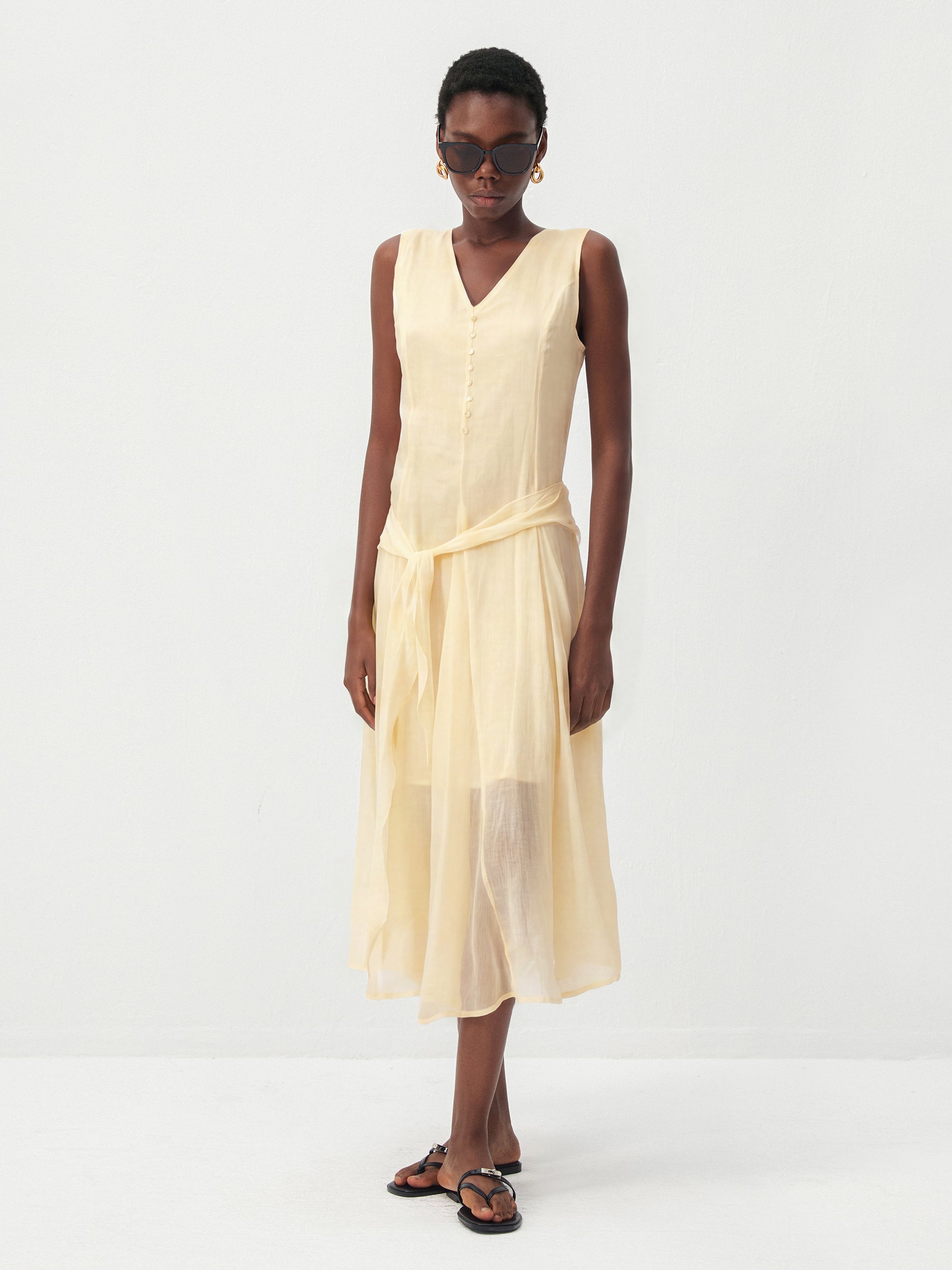 CUBIC Ramie & Chiffon Two-Piece Belted Midi Dress-10