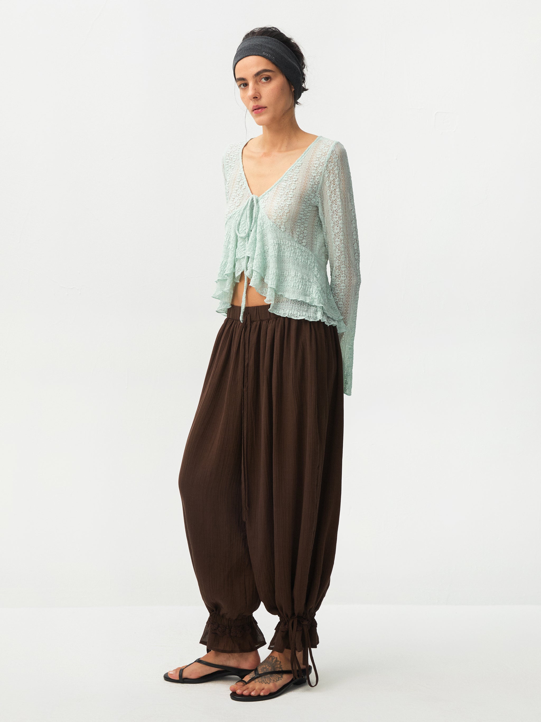 CUBIC Sheer Knit Tie-Front Peplum Top-10