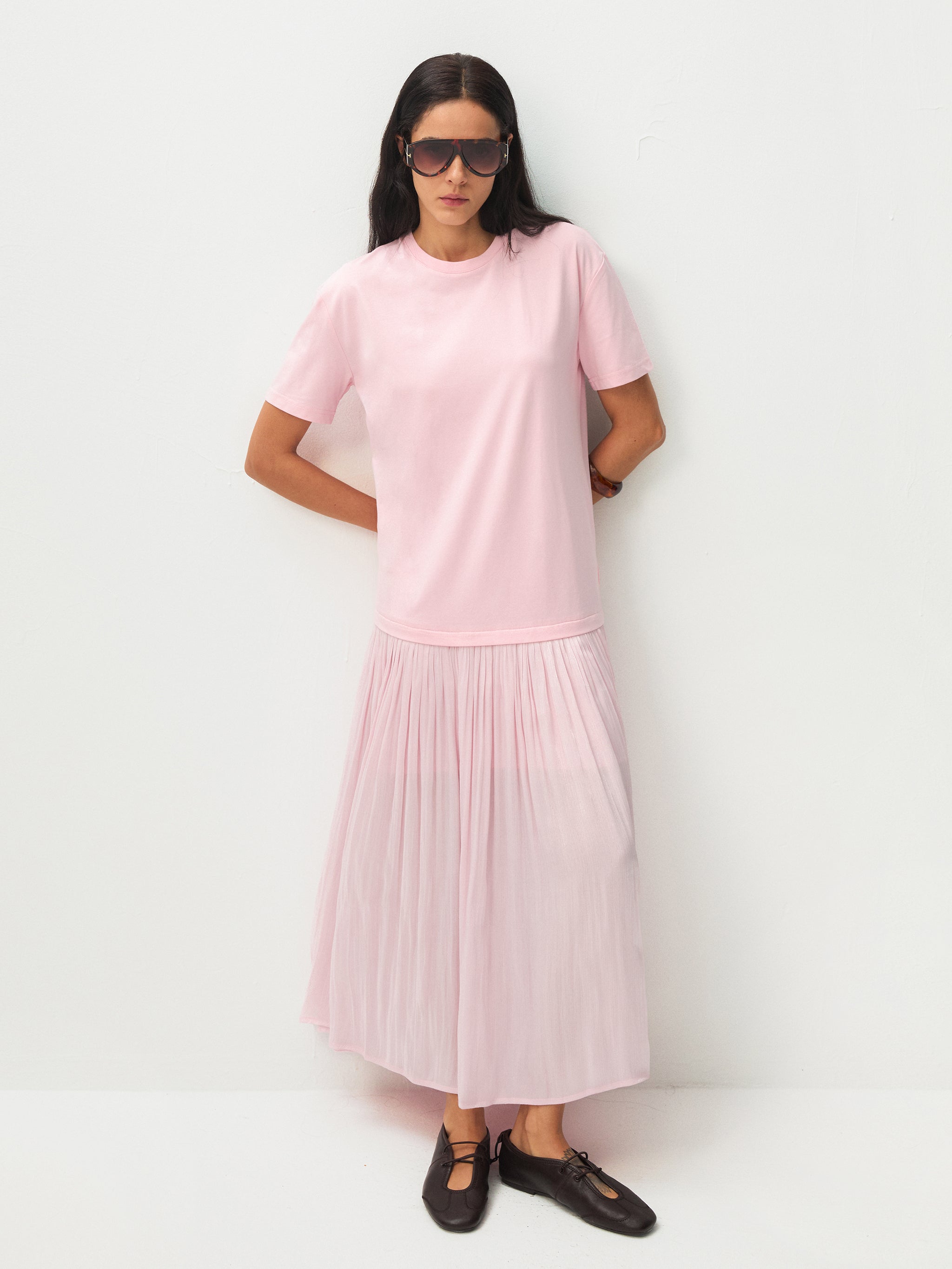 Oversized Round Neck Short Sleeve Pleated Dress-10