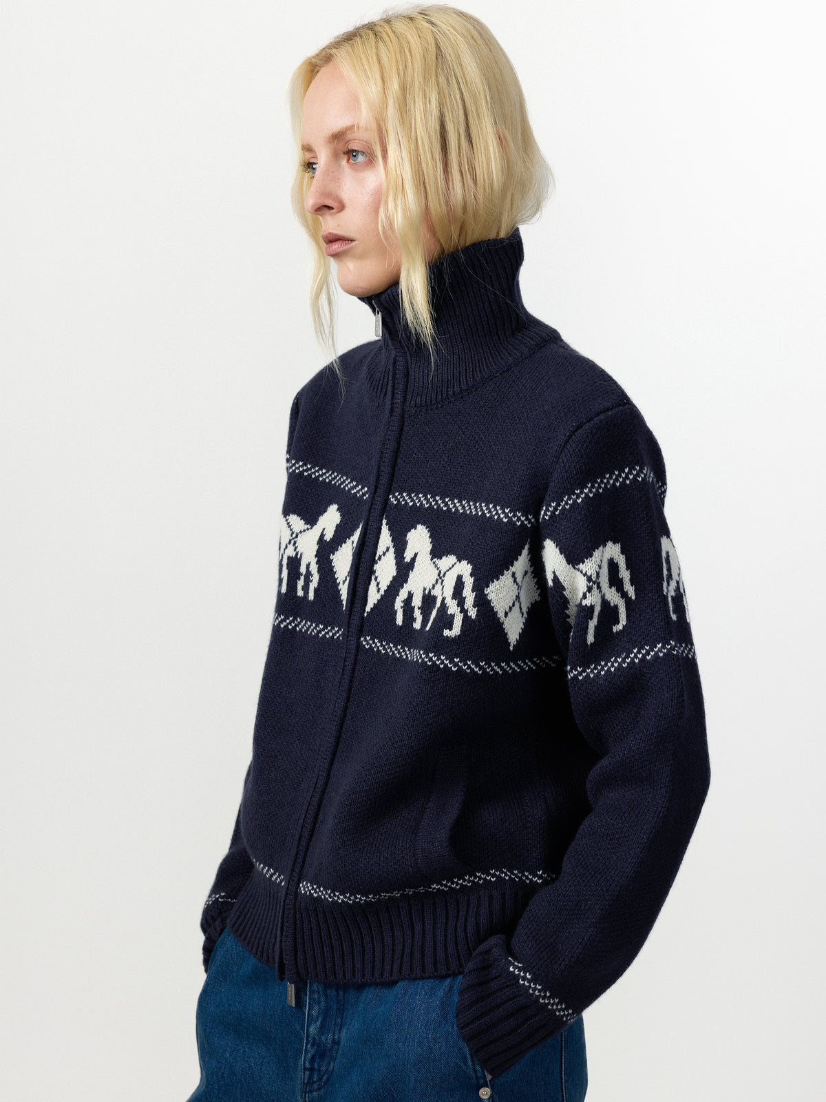 Horse Pattern Diamond Zip-Up Knit Cardigan-9