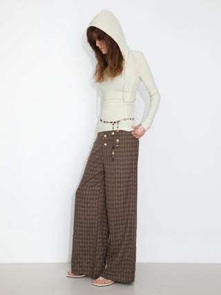Drawstring Checkered Wide-Leg Casual Pants