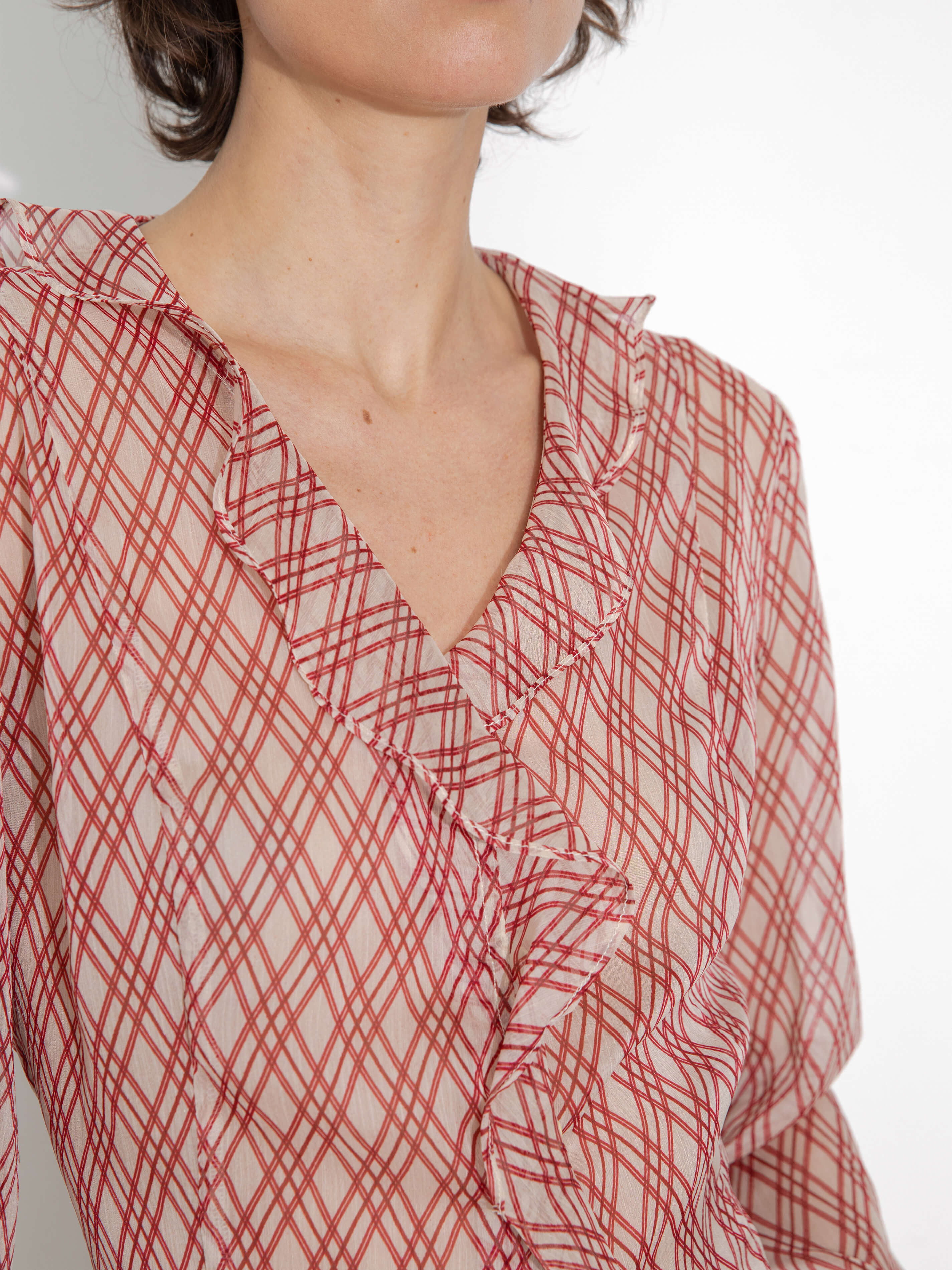Semi-Sheer Ruffle Trim Check Shirt-13