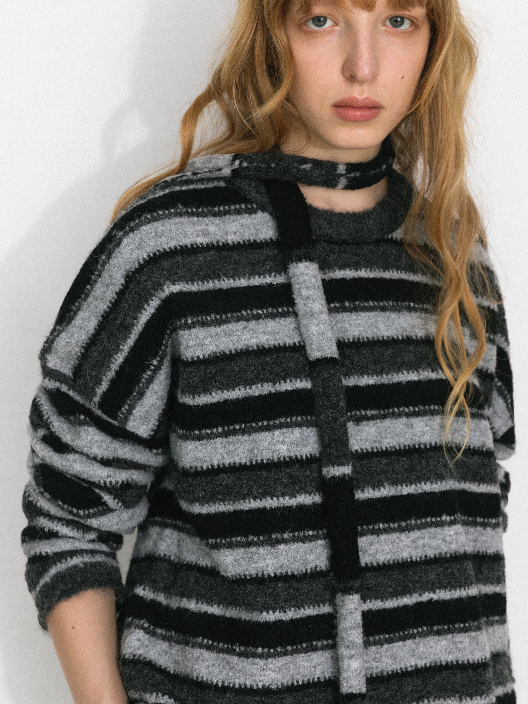 Retro Striped Pullover Sweater with Scarf-10