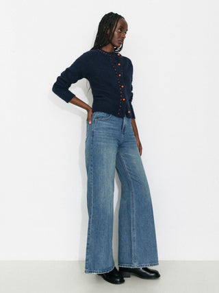 Wool-Blend Contrast Ribbed Cuff Cardigan