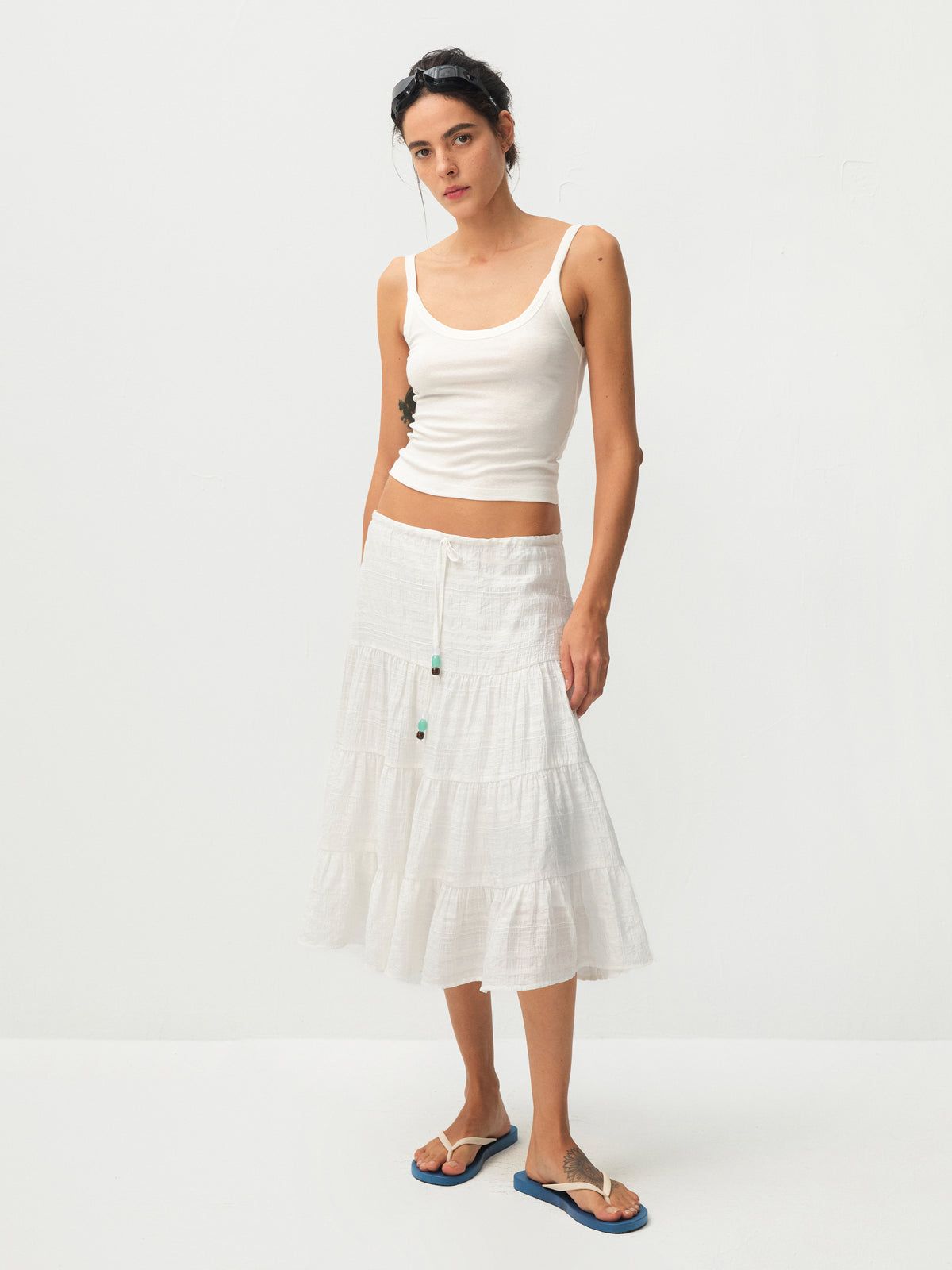 CUBIC Lyocell Linen Blend Tiered Striped Midi Skirt-10