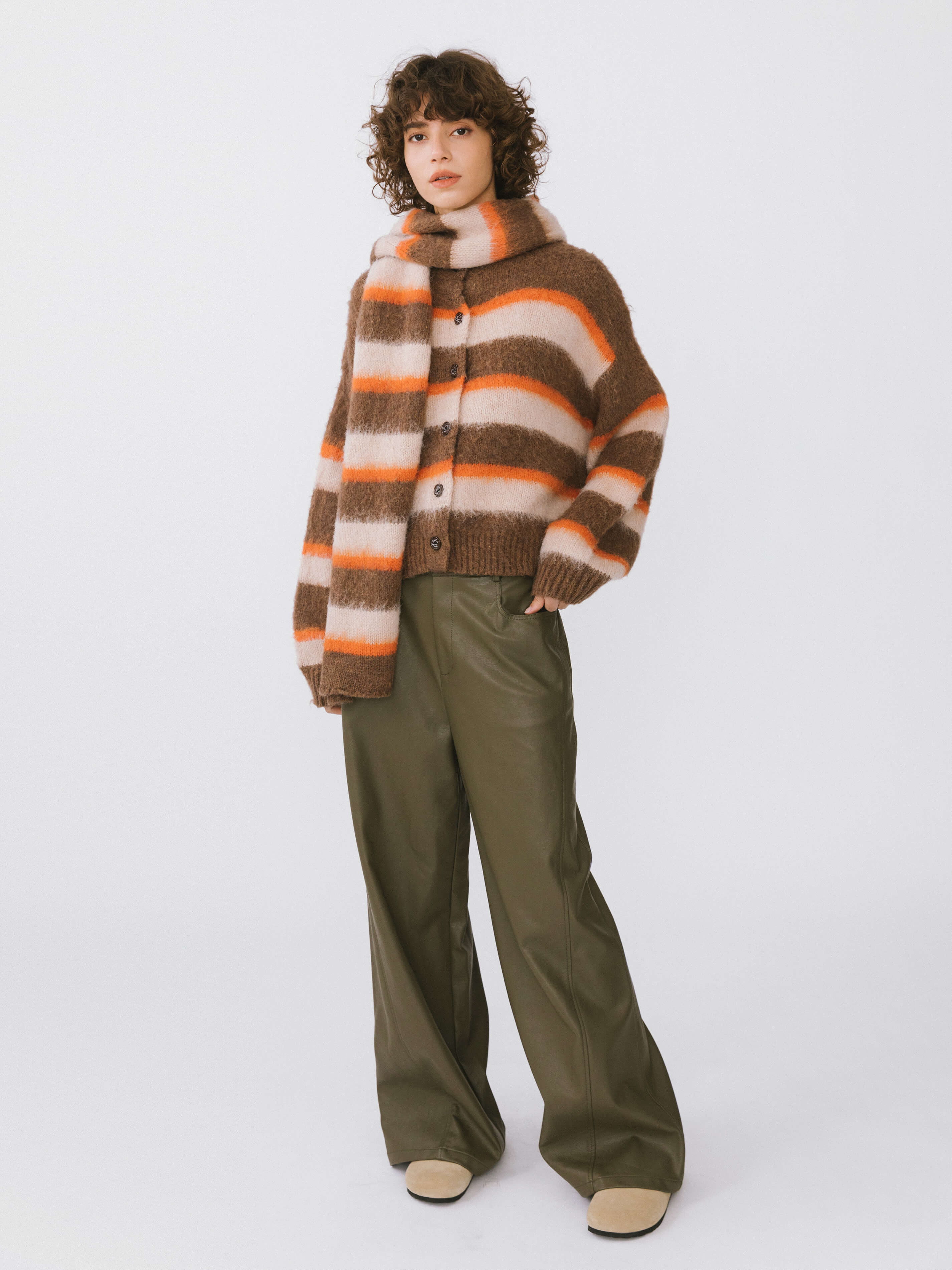 Striped Color Block Wool Knit Cardigan With Scarf-12