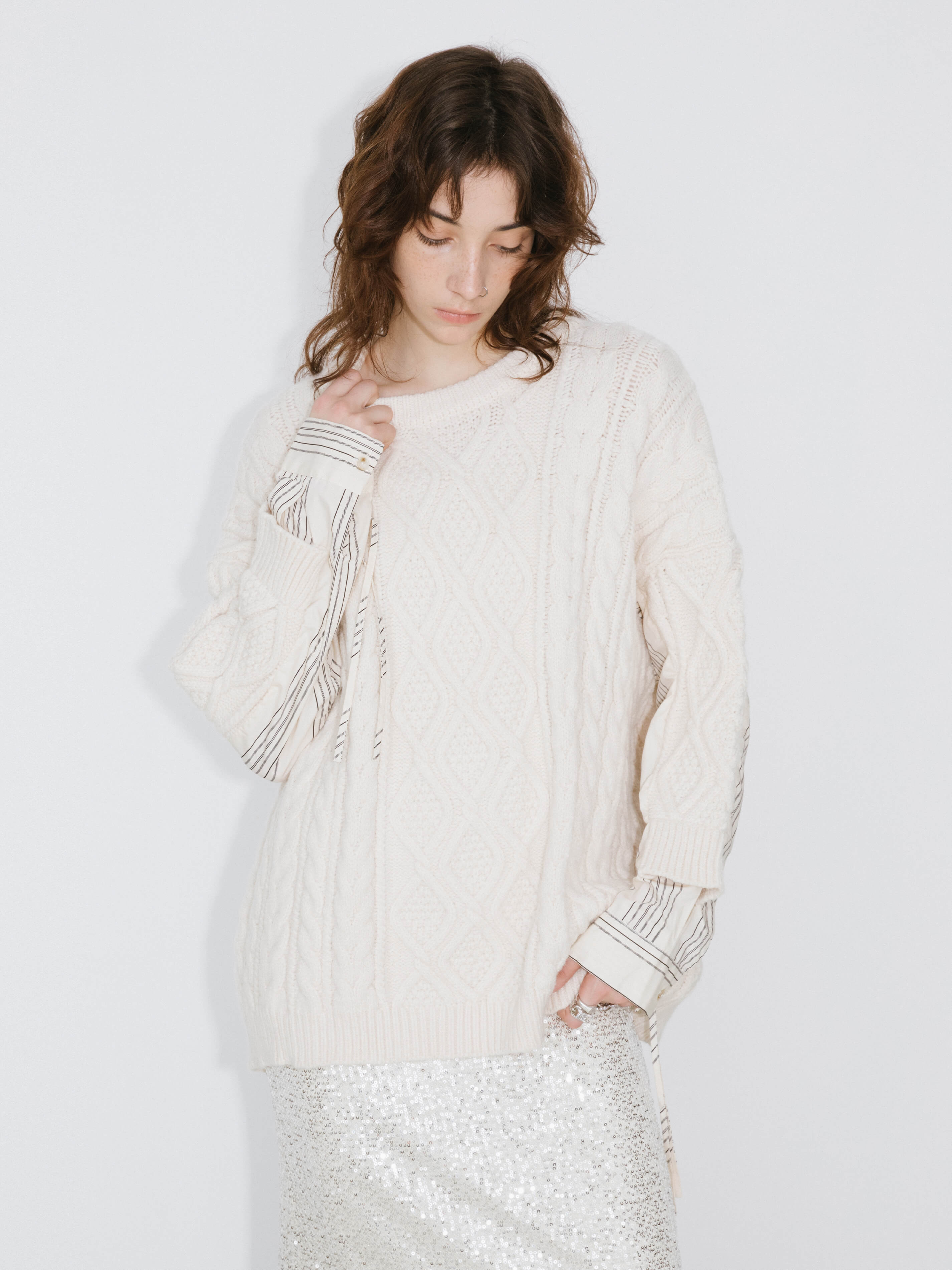 Cable Knit Jumper With Shirting Sleeves-11