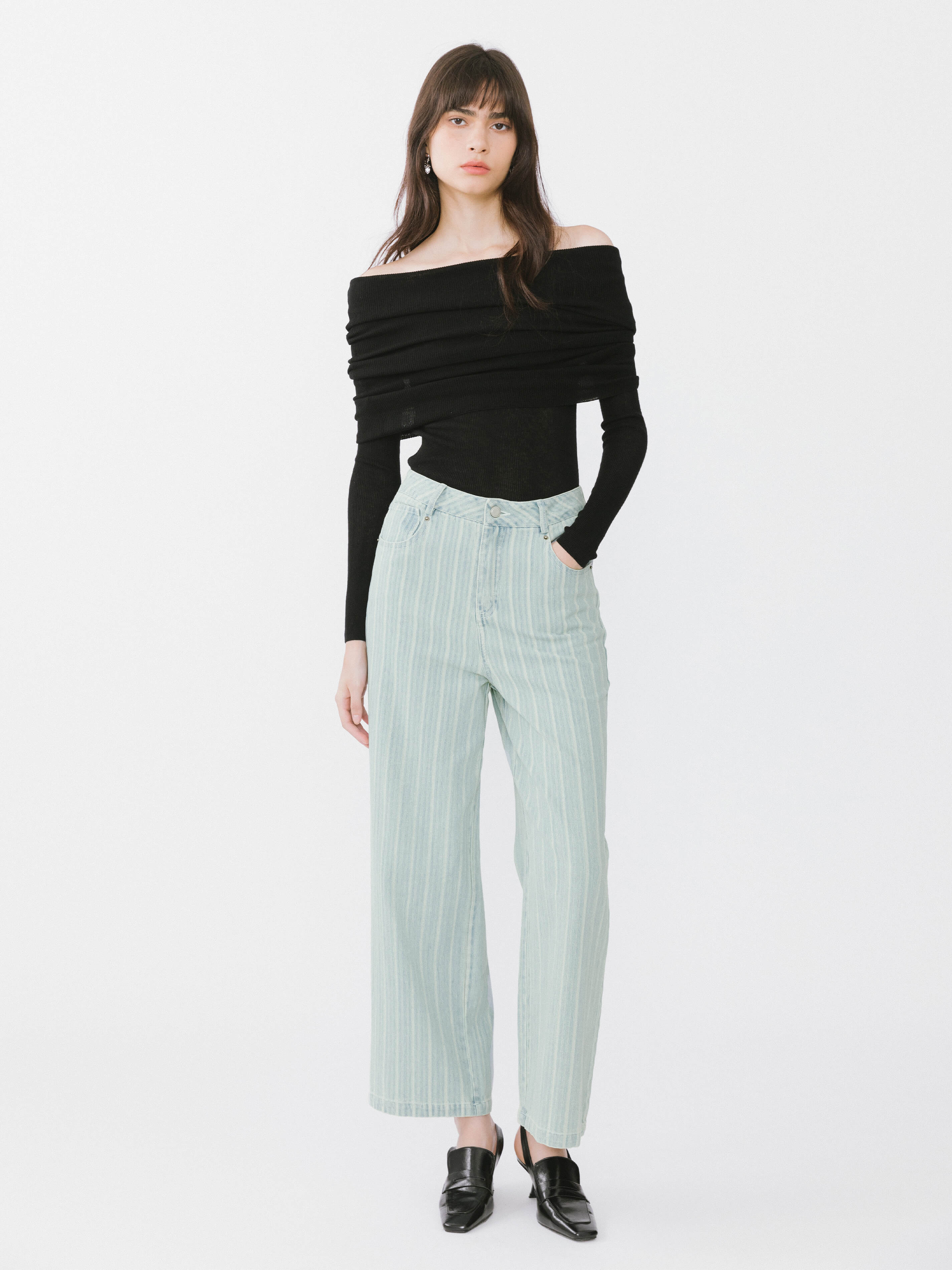 Pinstriped Wide Leg Cropped Jeans-10