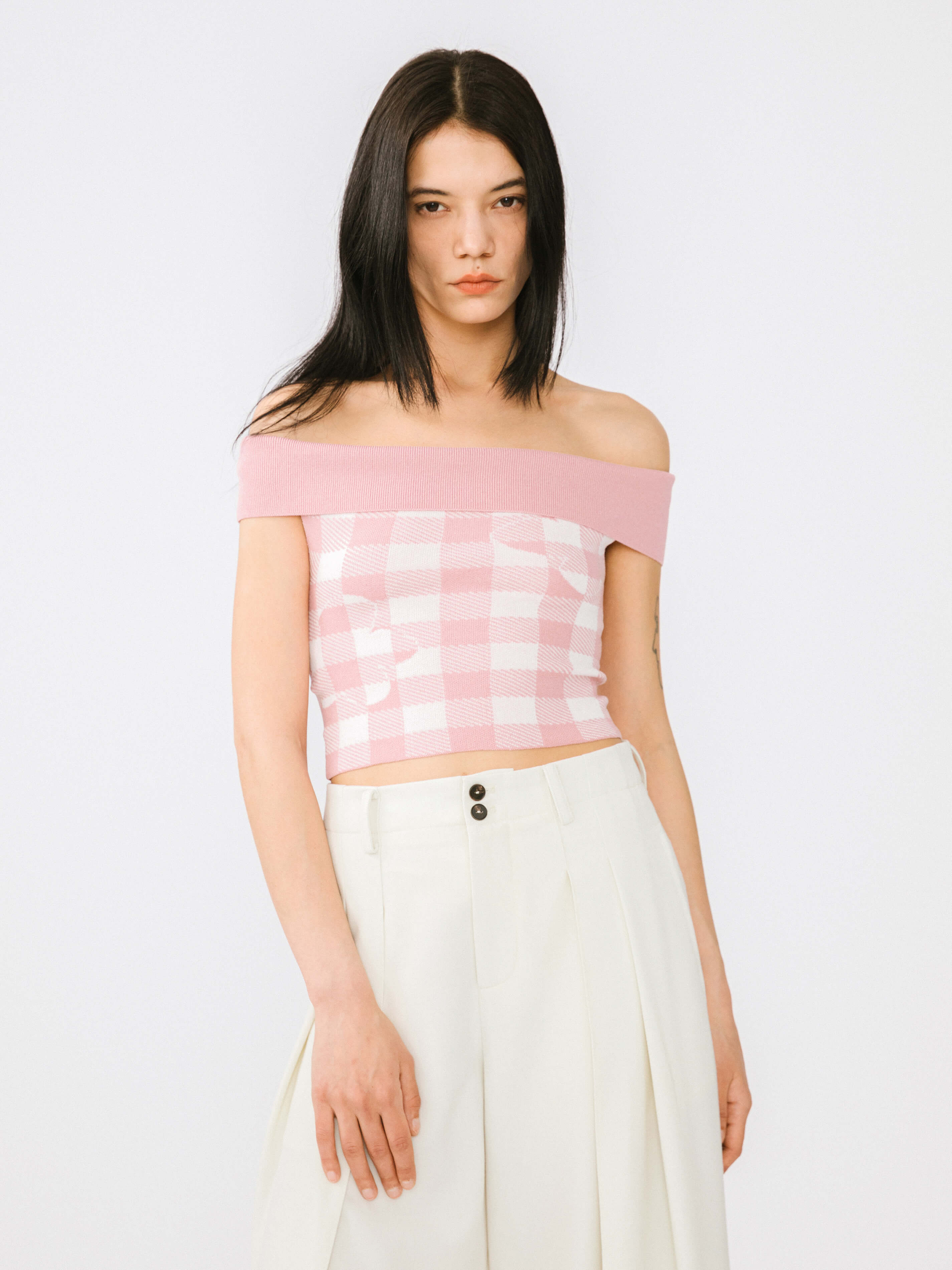 Off-Shoulder Checkered Knit Cami Top-11