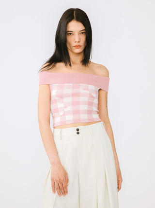 Off-Shoulder Checkered Knit Cami Top