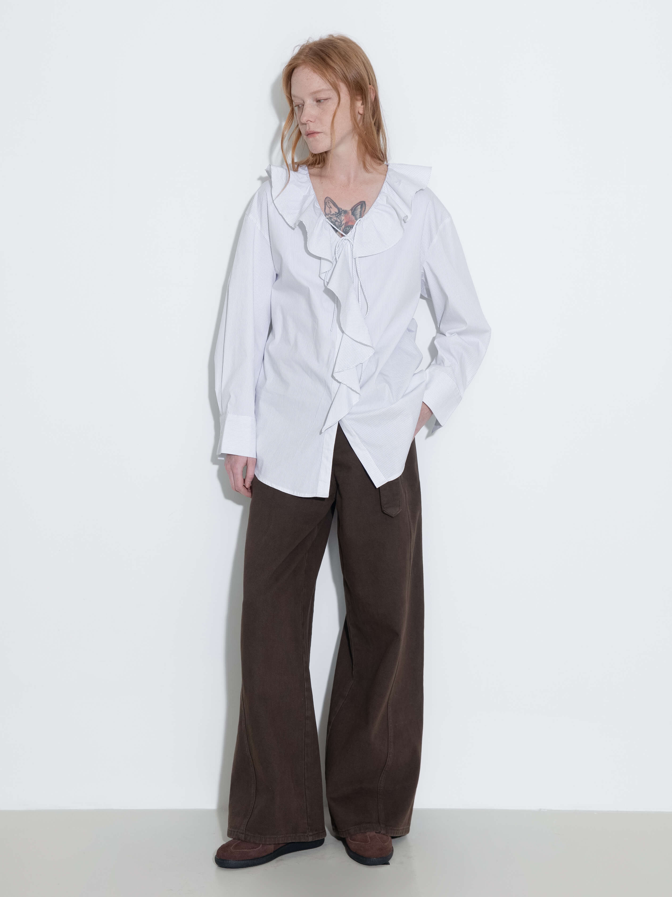 Ruffle Collar Striped Shirt-10