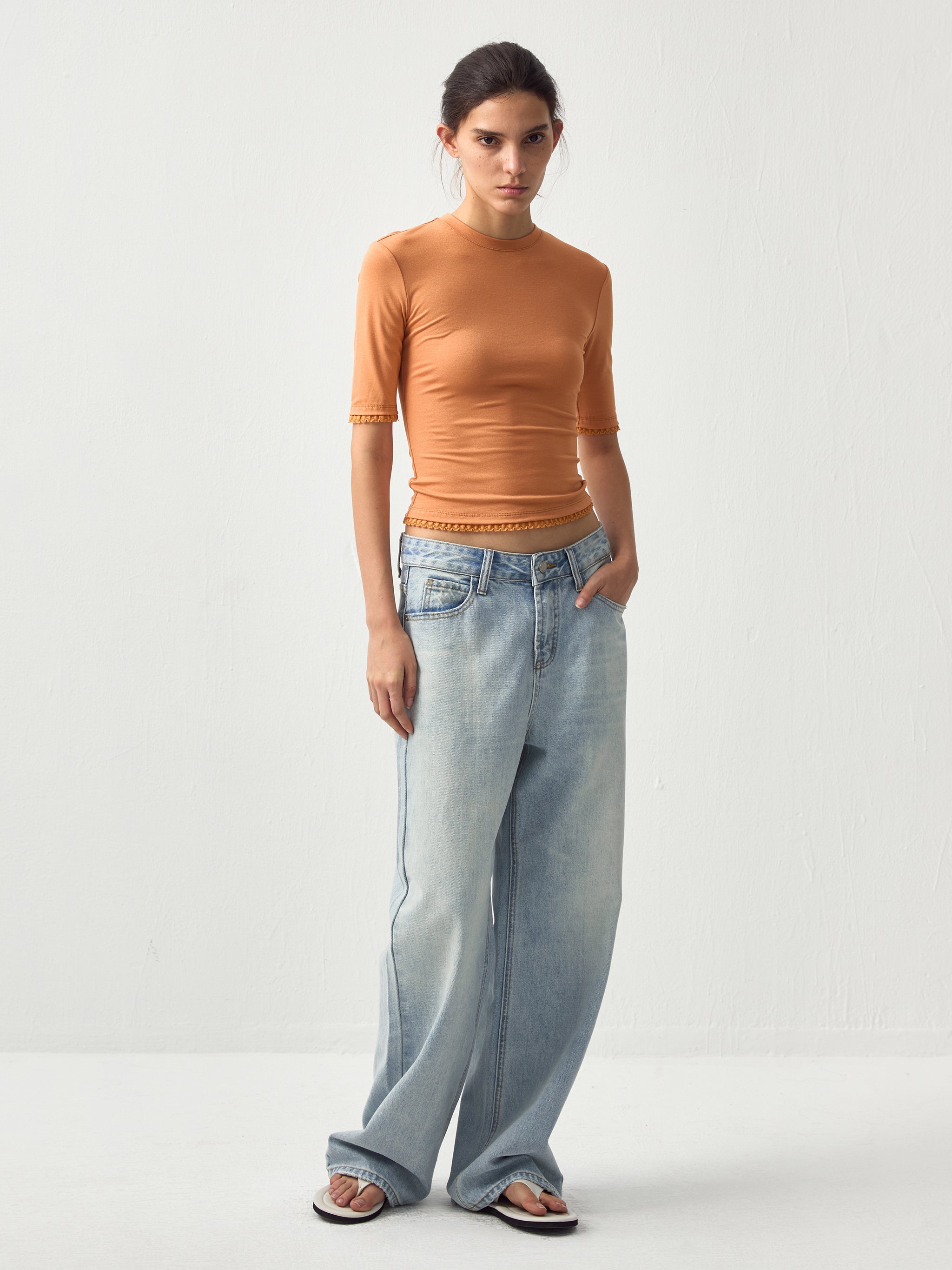 CUBIC Lace Trim Fitted Mid-Sleeve Top-10
