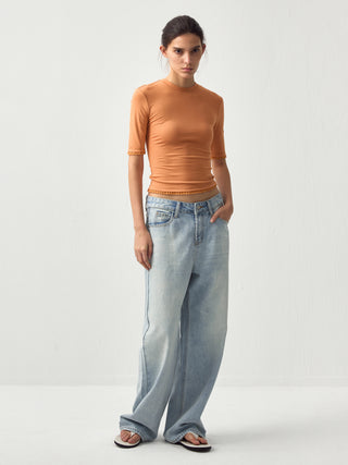 CUBIC Lace Trim Fitted Mid-Sleeve Top