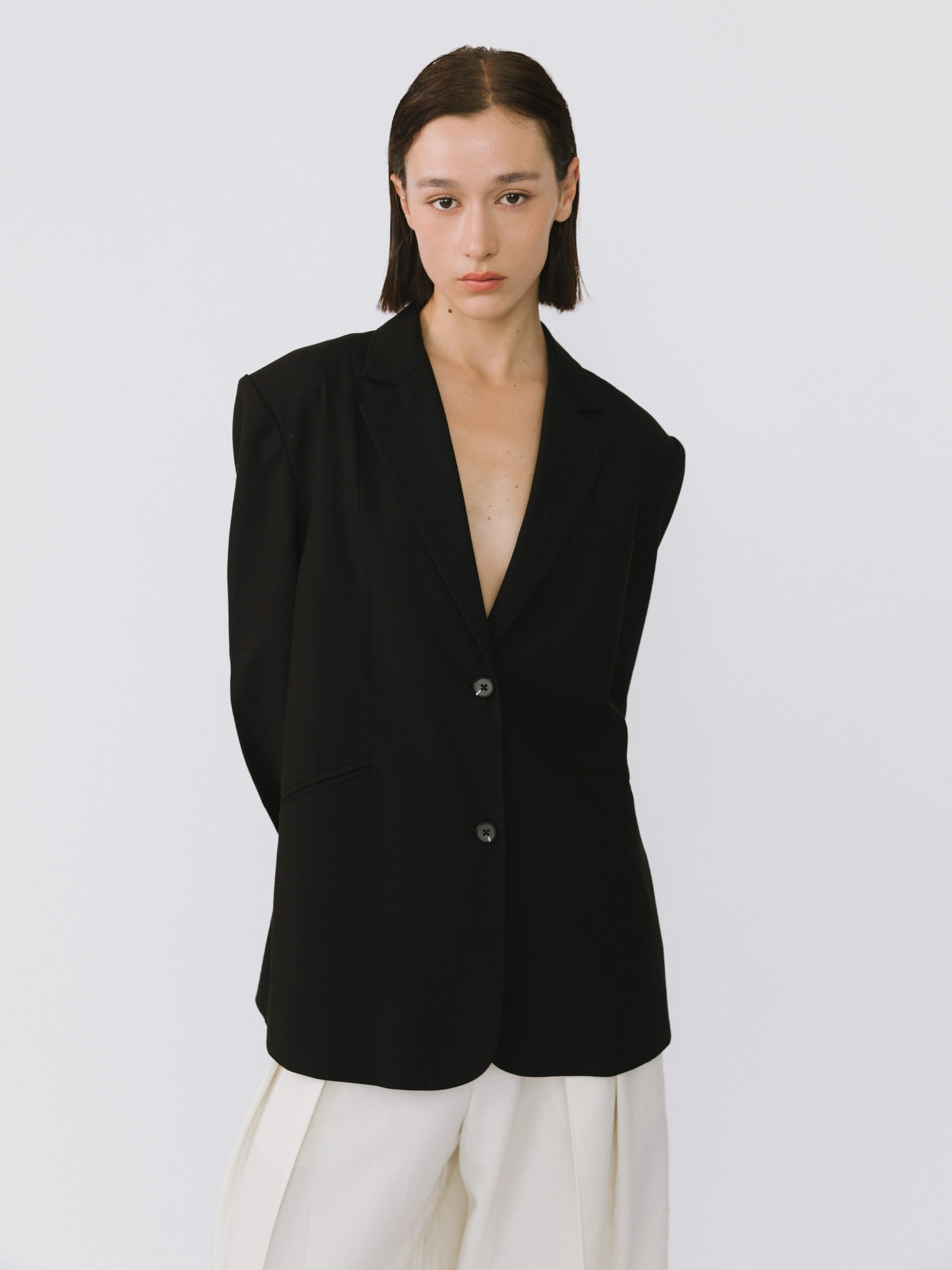Oversized Shoulder Single Breasted Blazer with Wool Blend-11