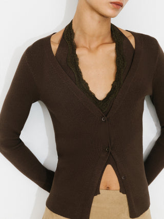Layered Look Halter Neck Slim-Fit Knit Cardigan
