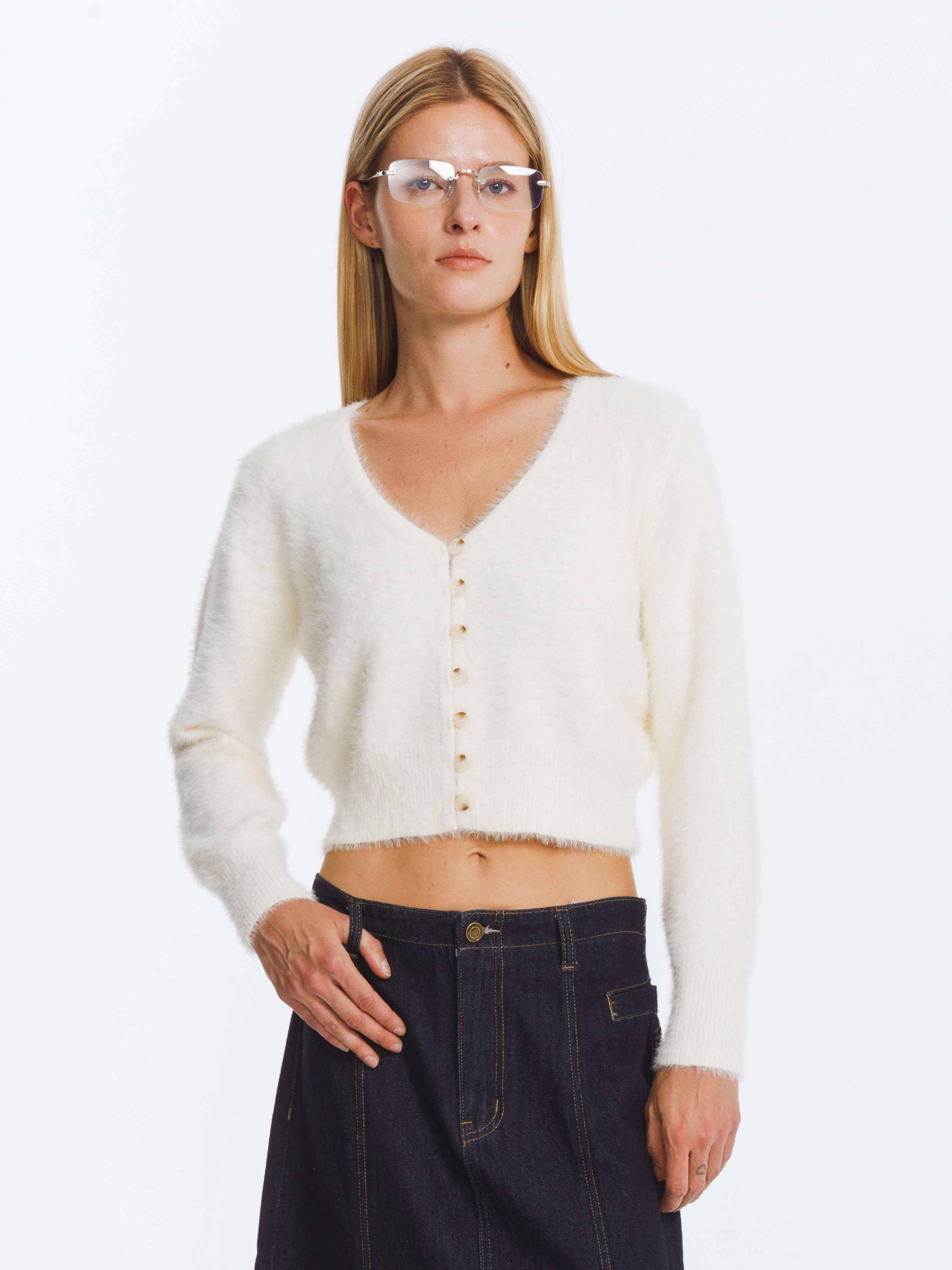 Fluffy Cropped Knit Cardigan-11