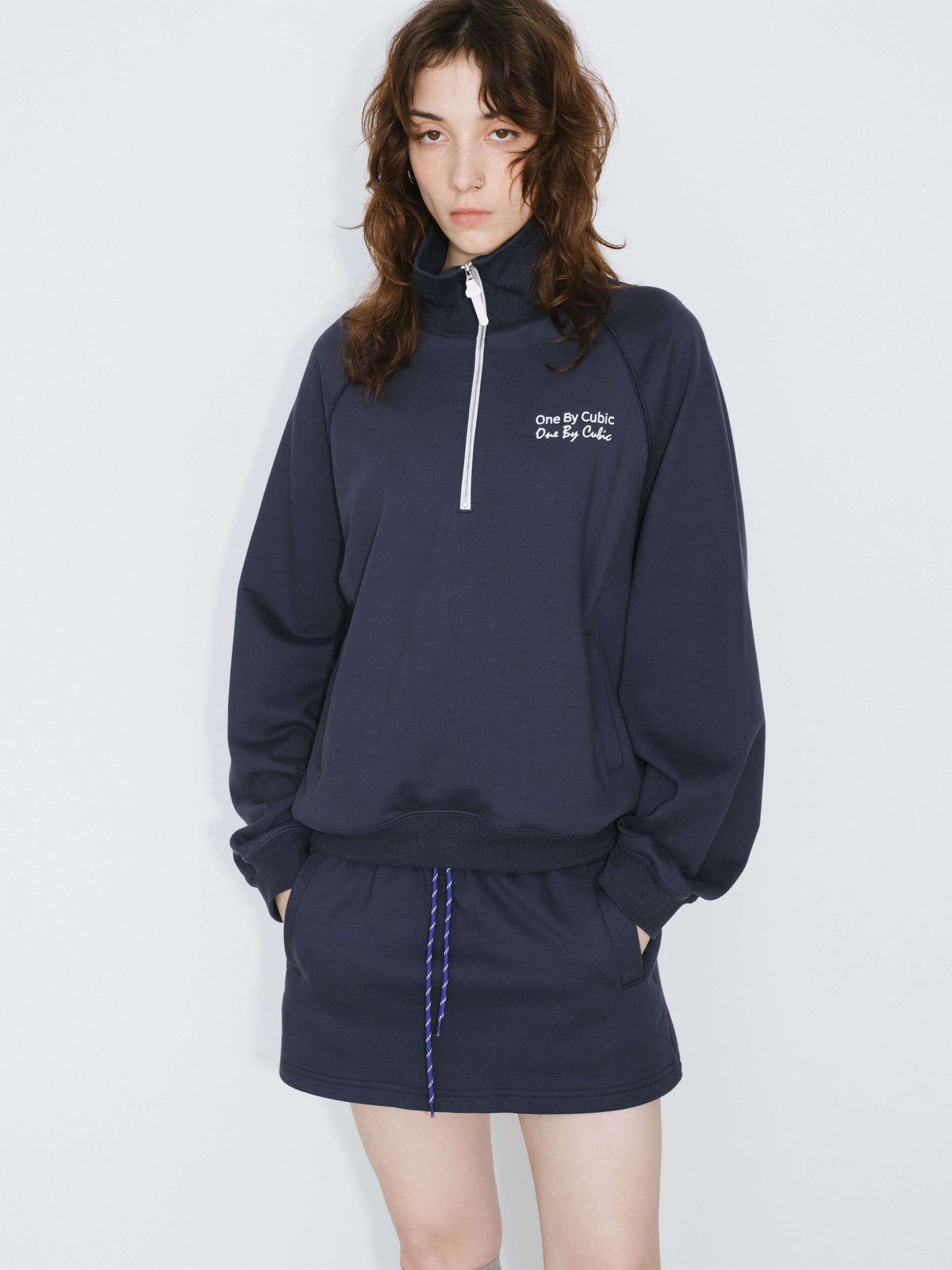 ONE BY CUBIC Collared Half-Zip Embroidered 100% Cotton Sweatshirt-12