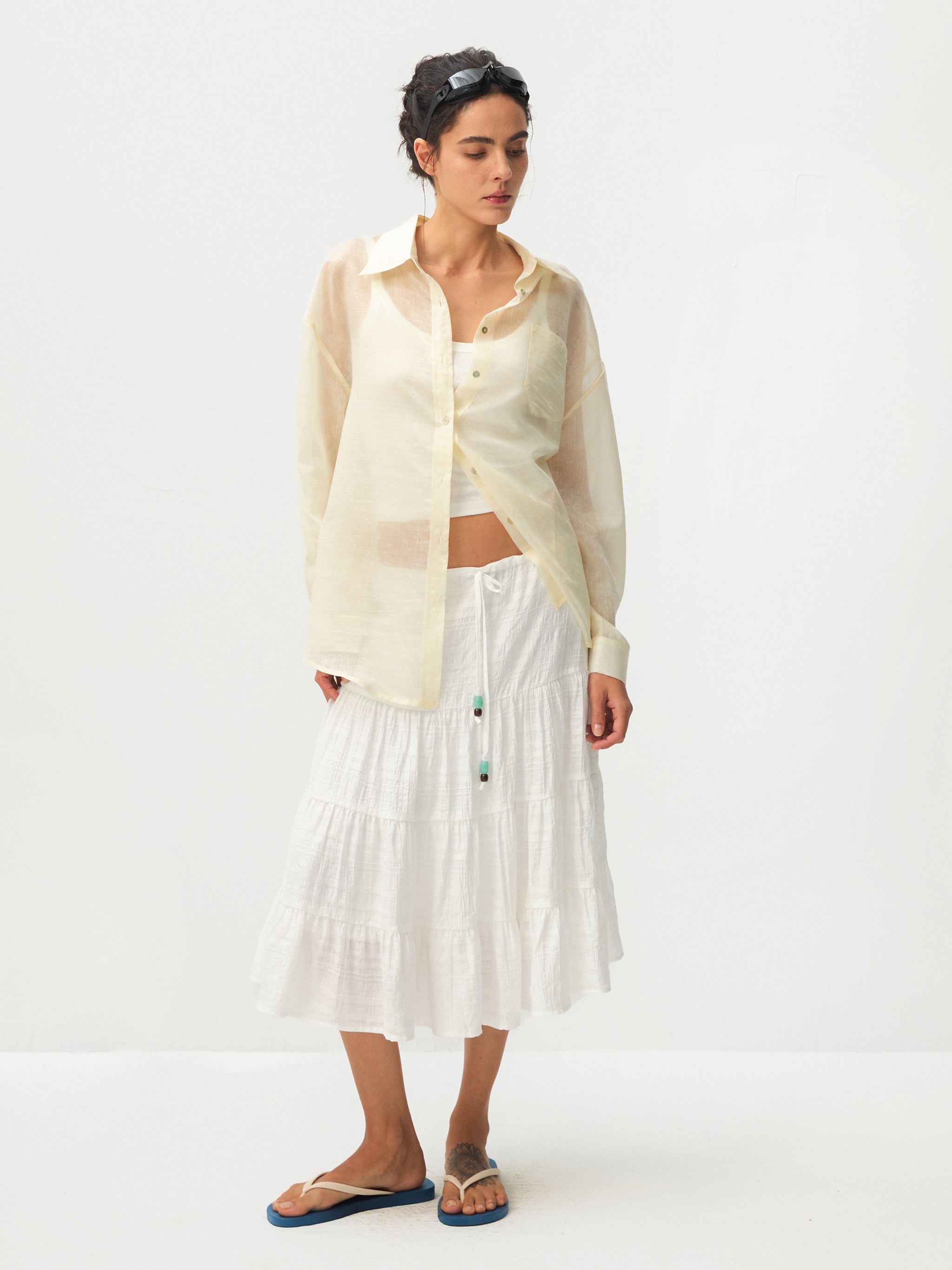 CUBIC Lyocell Oversized Sheer Button-Down Shirt-10