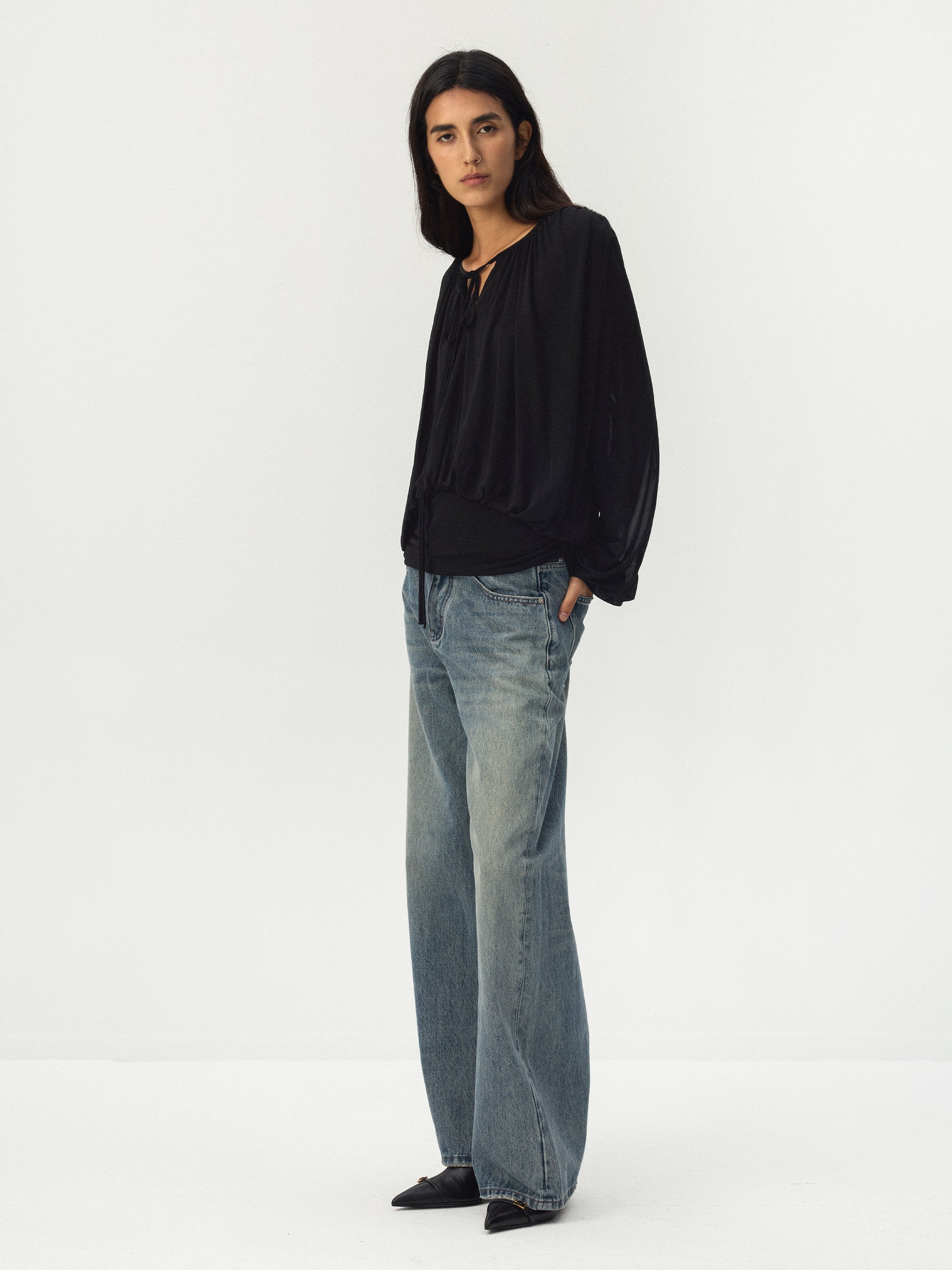 CUBIC Tie Neck Batwing Blouse-10