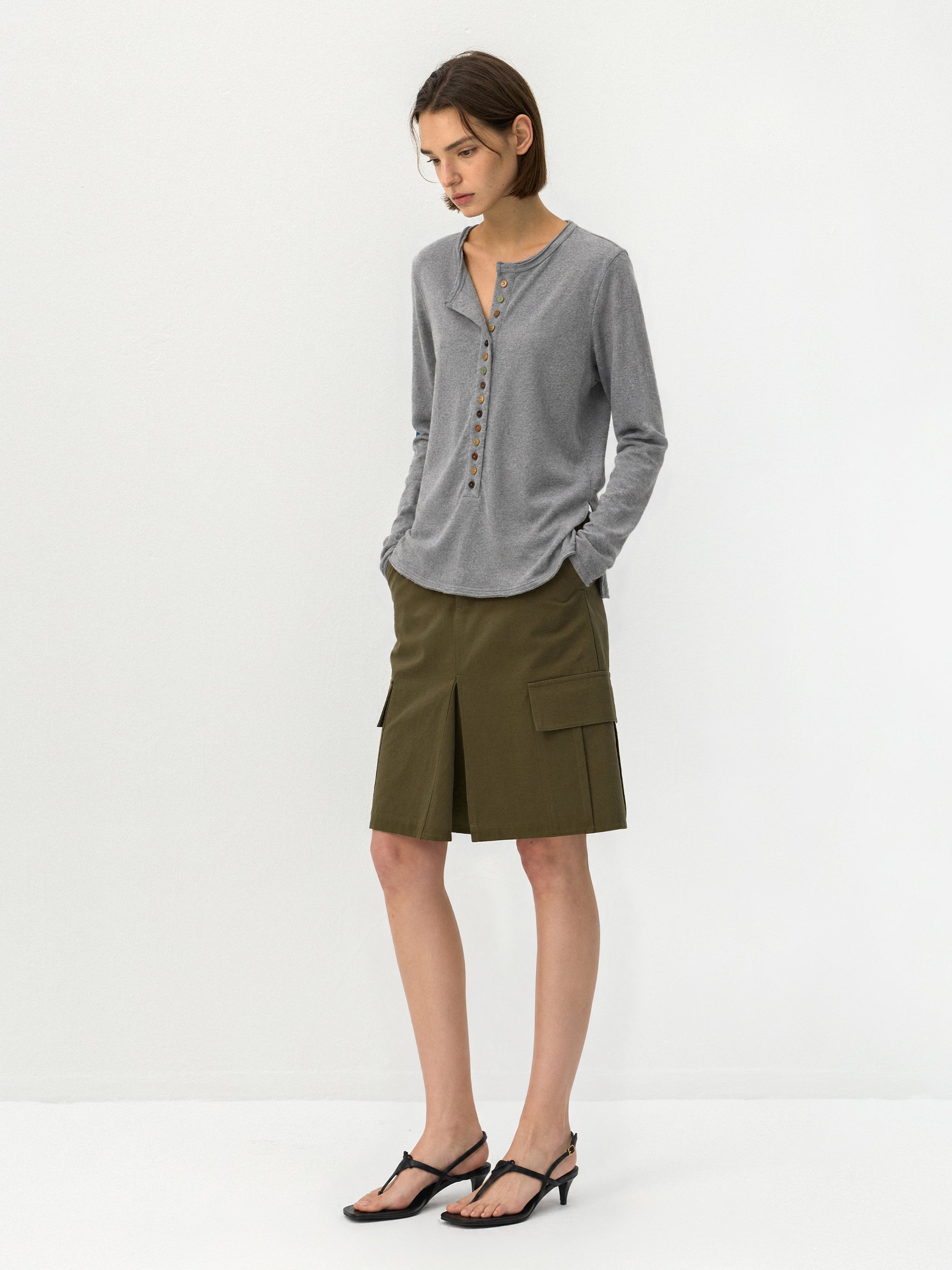 CUBIC Button Front Henley Long Sleeve Top-10