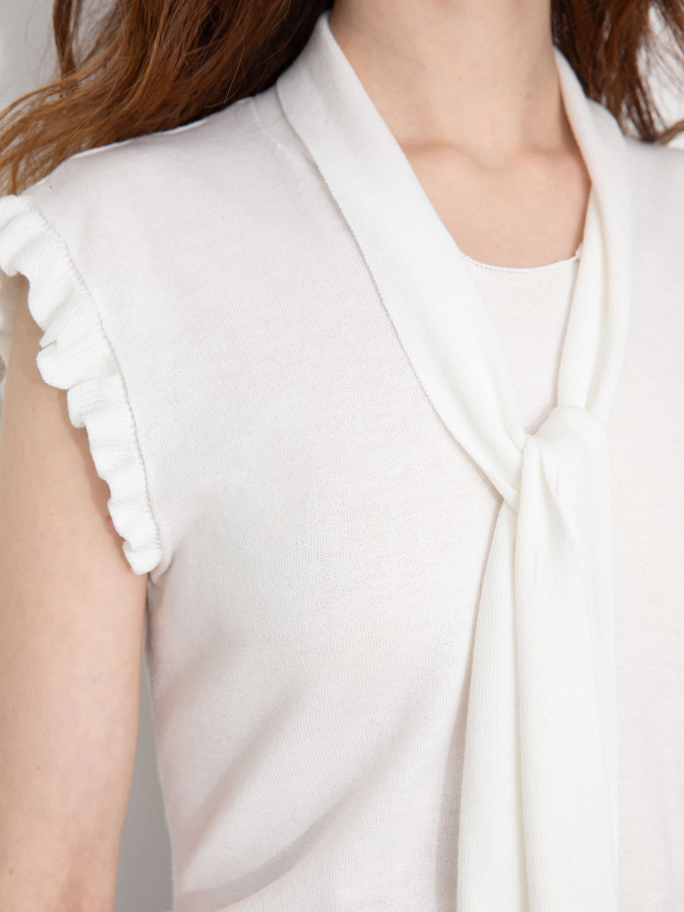 Ruffled Sleeve Sleeveless Knit Top with Attached Scarf-10