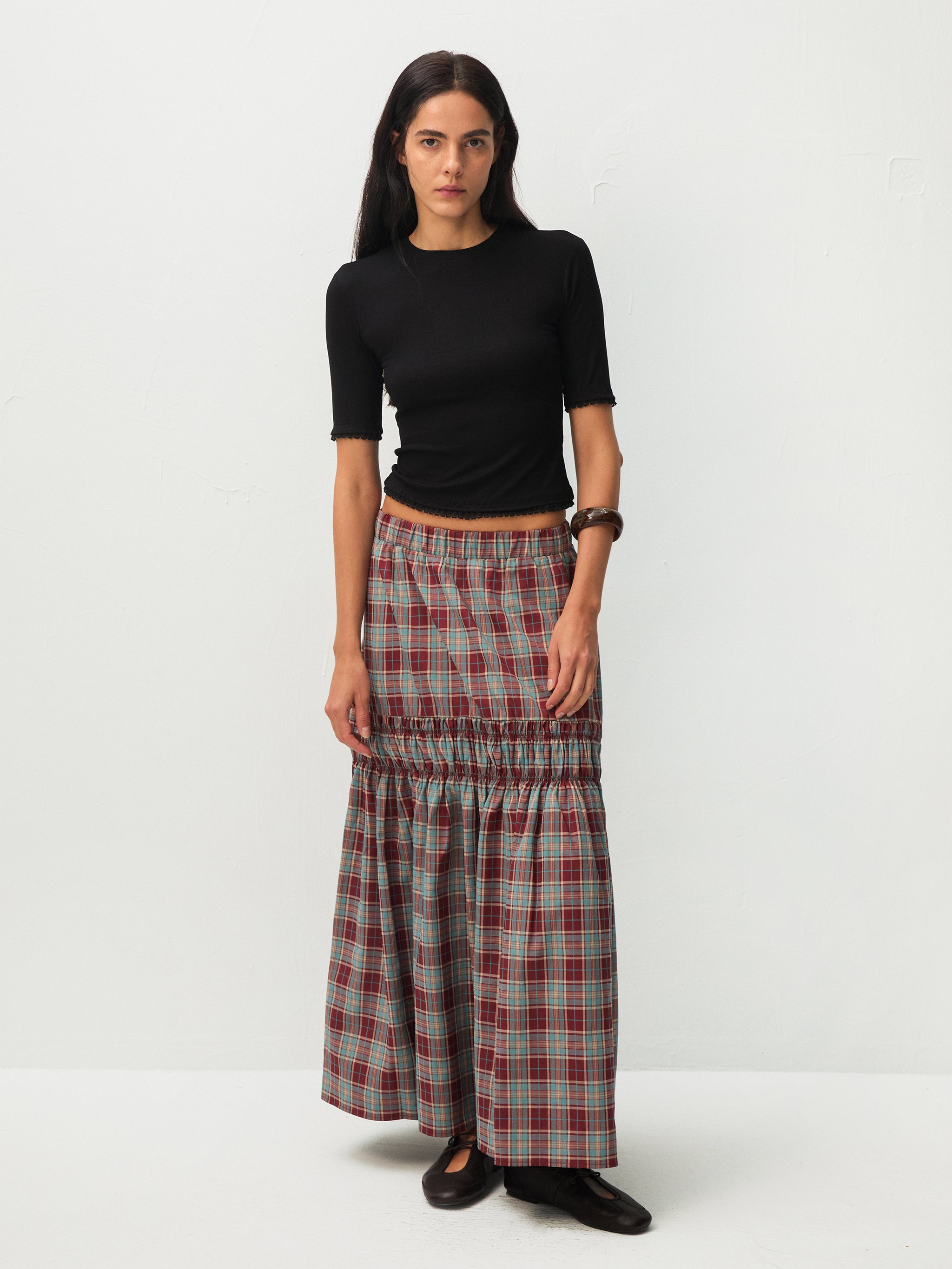 Elastic Drawstring High Waist Checked Skirt-11