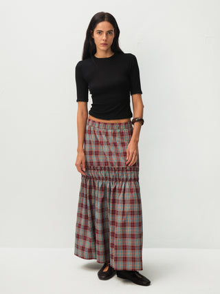 Elastic Drawstring High Waist Checked Skirt