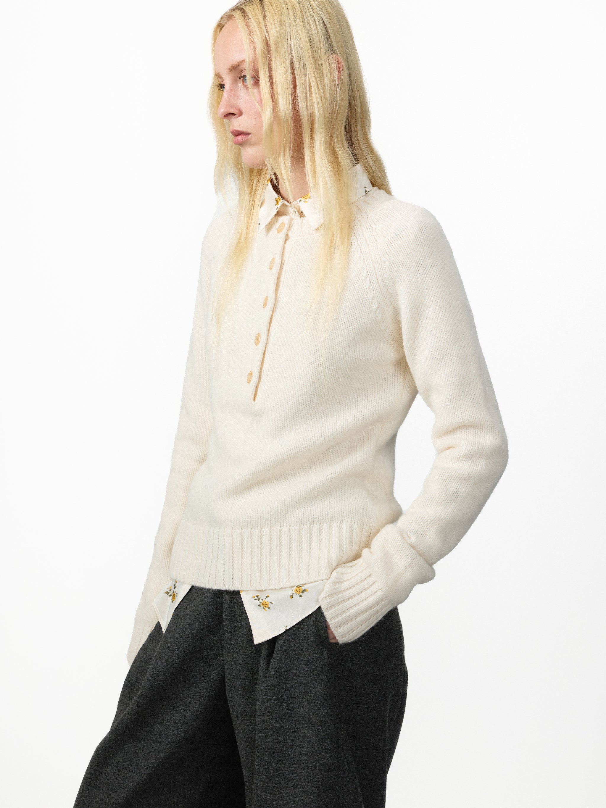 CUBIC 100% Wool Vintage Henley Neck Wool Sweater-10