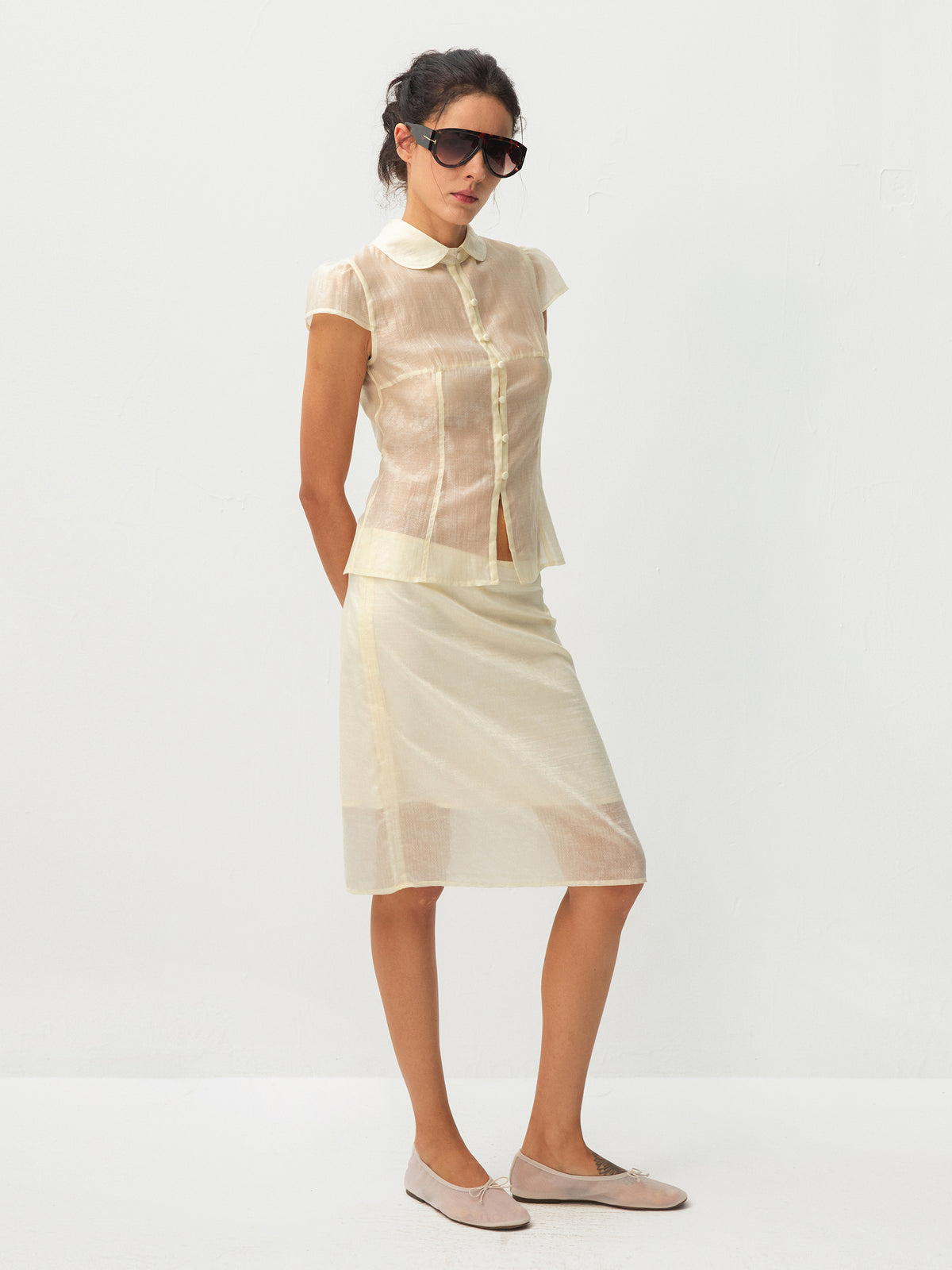 CUBIC Lyocell Semi-Sheer Fitted Blouse-10
