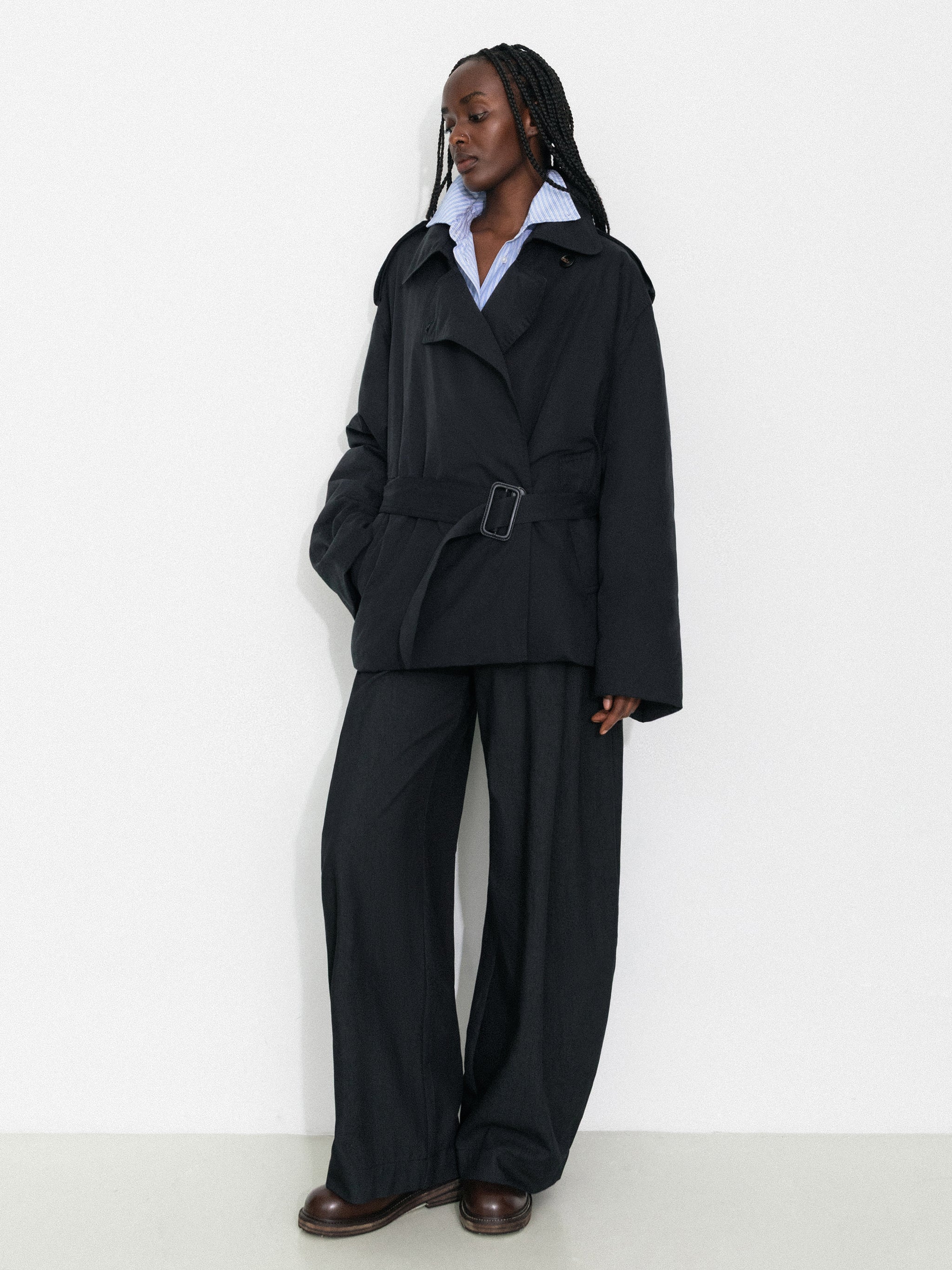 Dark Oversized Waist-Cinched Down Coat-10