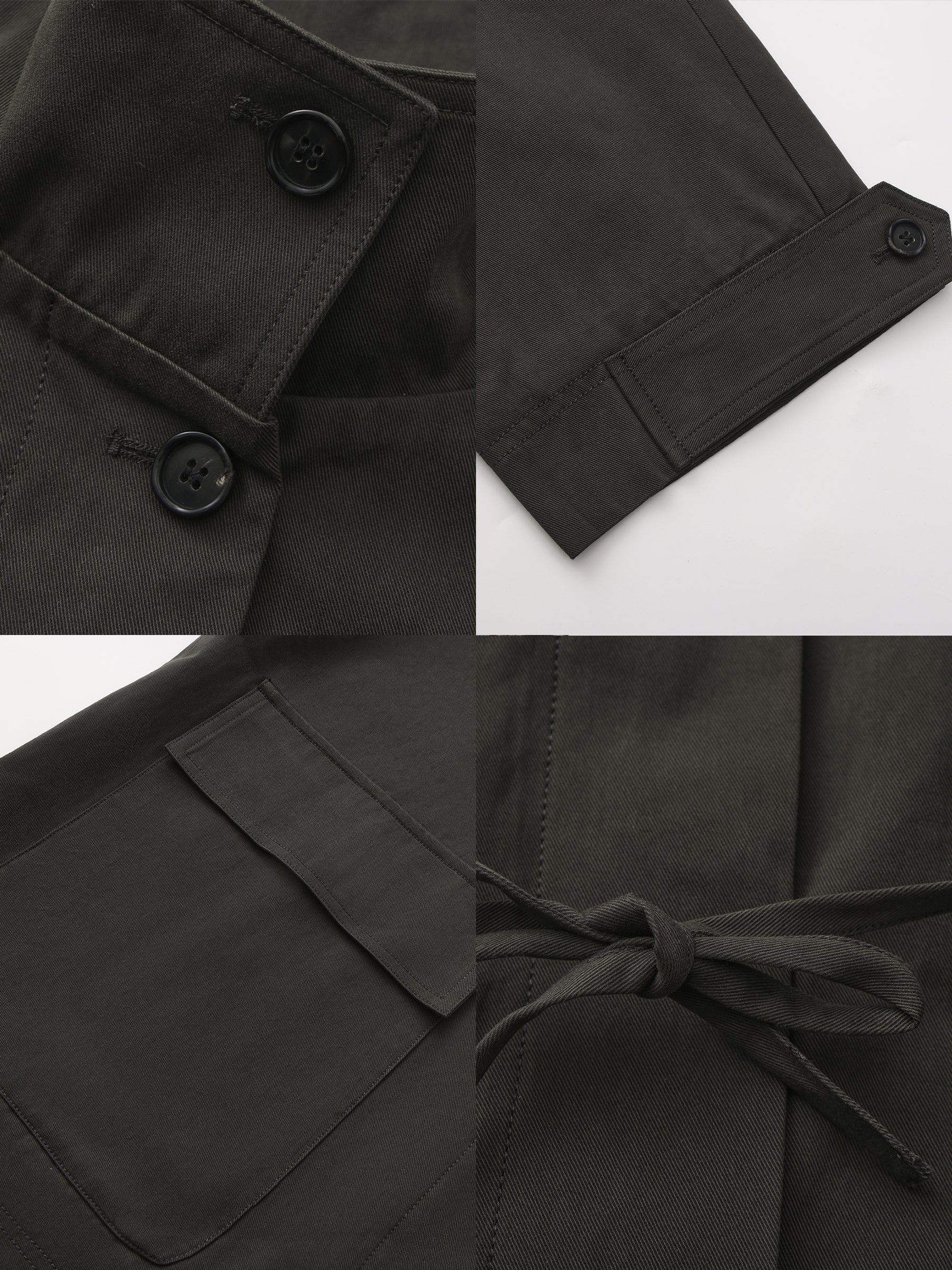 100% Cotton Stand Collar Mid-Length Tie-Waist Trench Coat-9