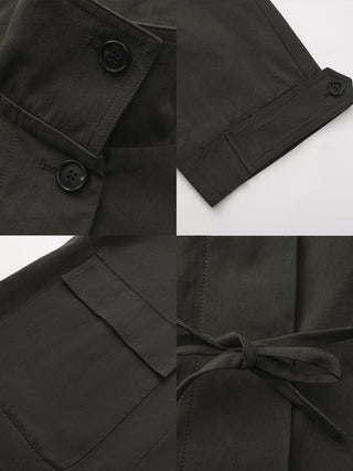 100% Cotton Stand Collar Mid-Length Tie-Waist Trench Coat
