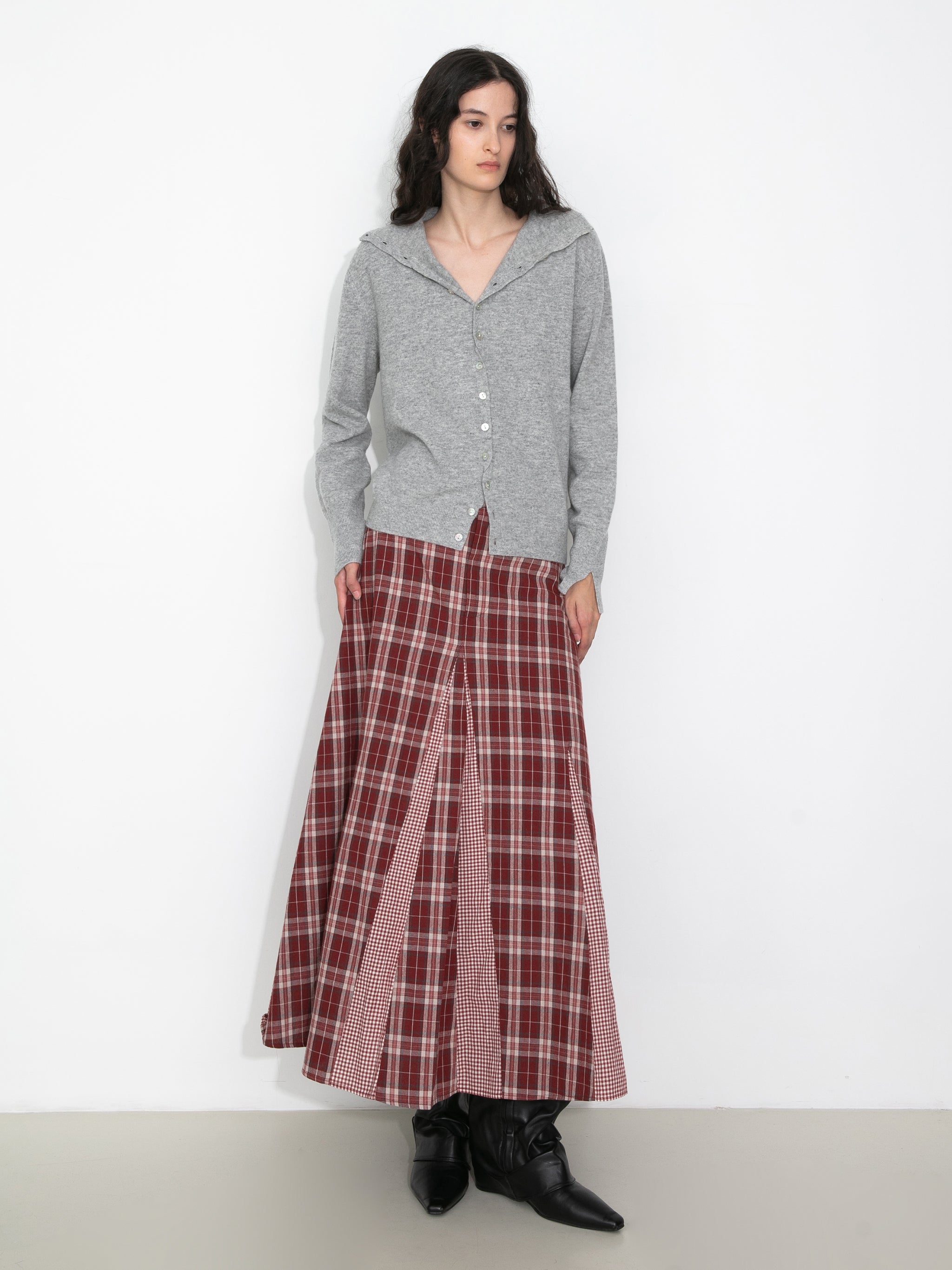 100% Cotton Patchwork Check A-Line Maxi Skirt-10
