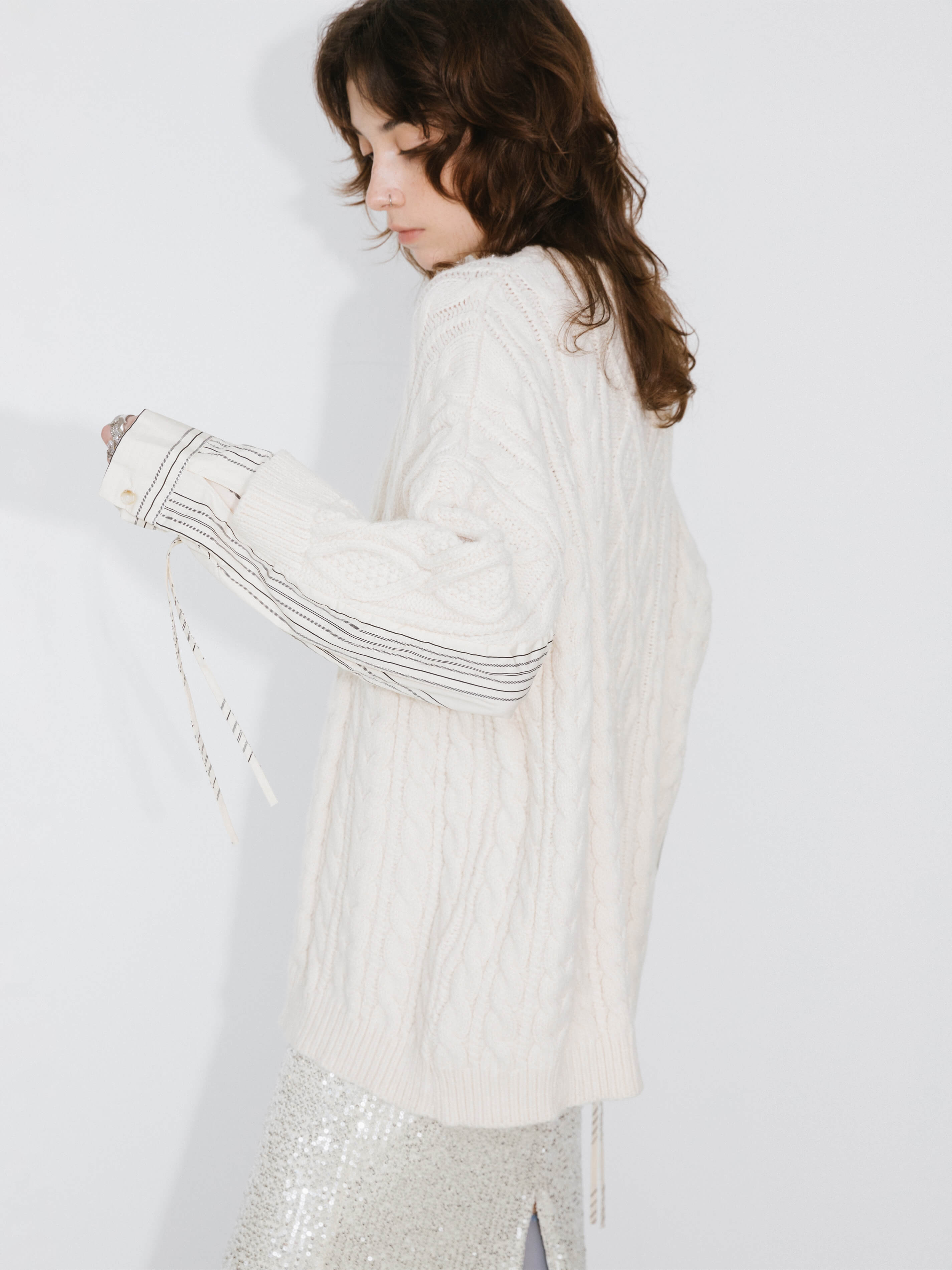 Cable Knit Jumper With Shirting Sleeves-13