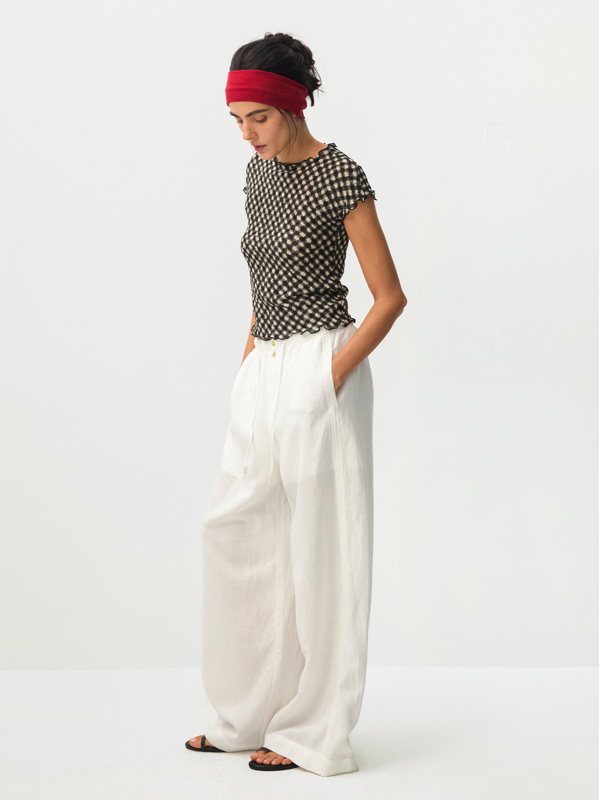 CUBIC Gingham Print Ruffle-Edge Top-11