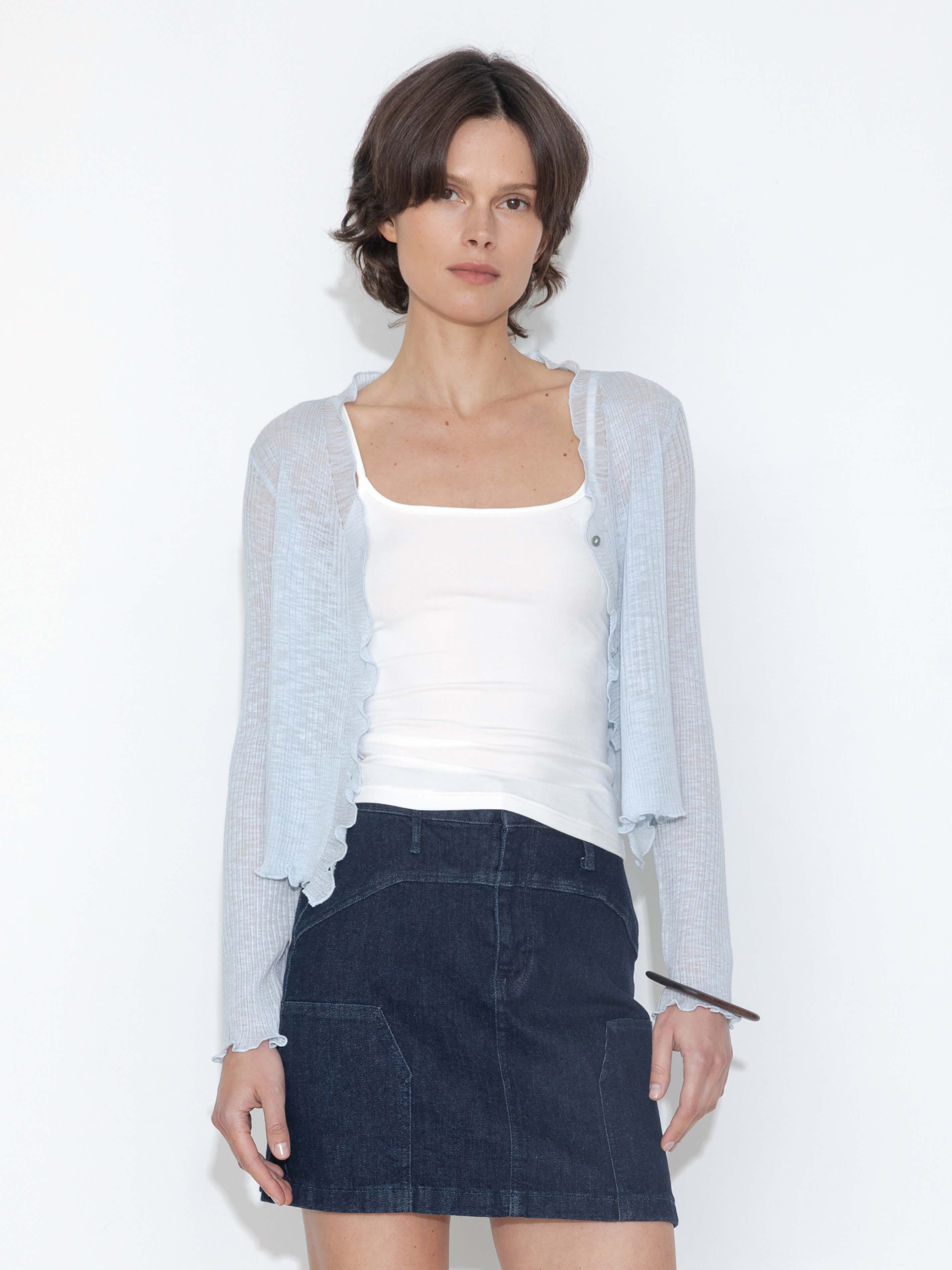 V-Neck Knit Cardigan with Ruffled Long Sleeves-9
