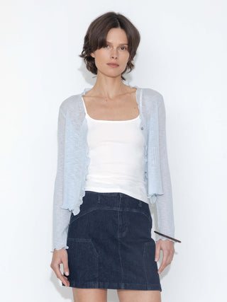 V-Neck Knit Cardigan with Ruffled Long Sleeves