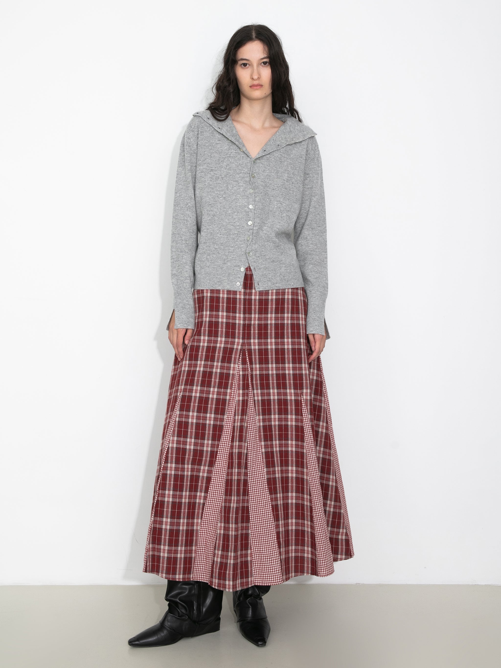 100% Cotton Patchwork Check A-Line Maxi Skirt-11