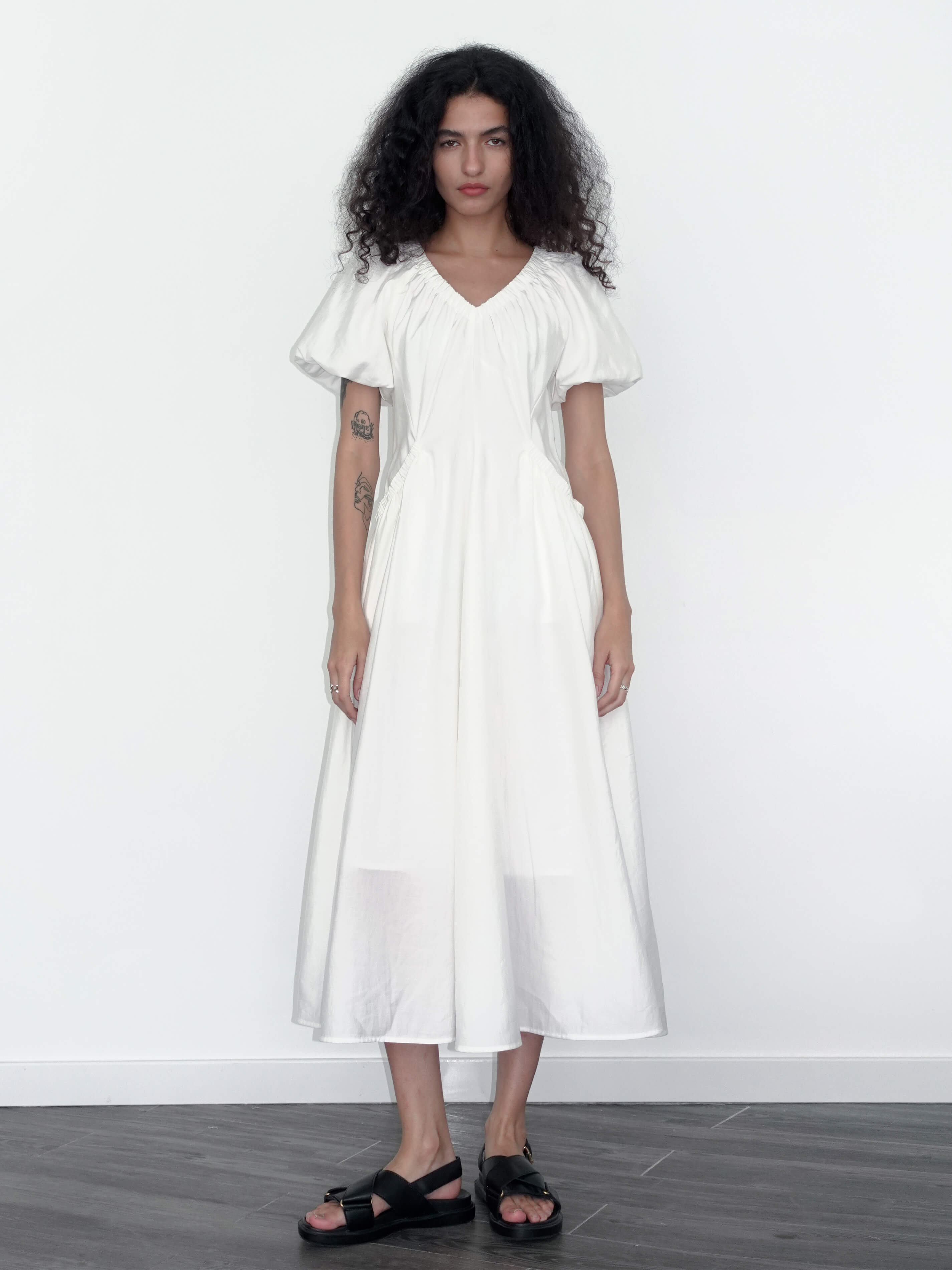 V-neck Pleated Puff Sleeve Dress-11