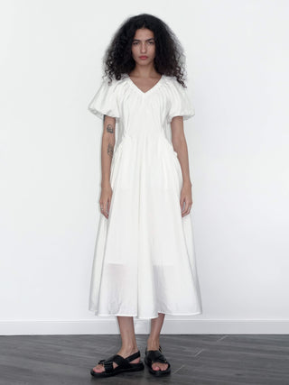 V-neck Pleated Puff Sleeve Dress